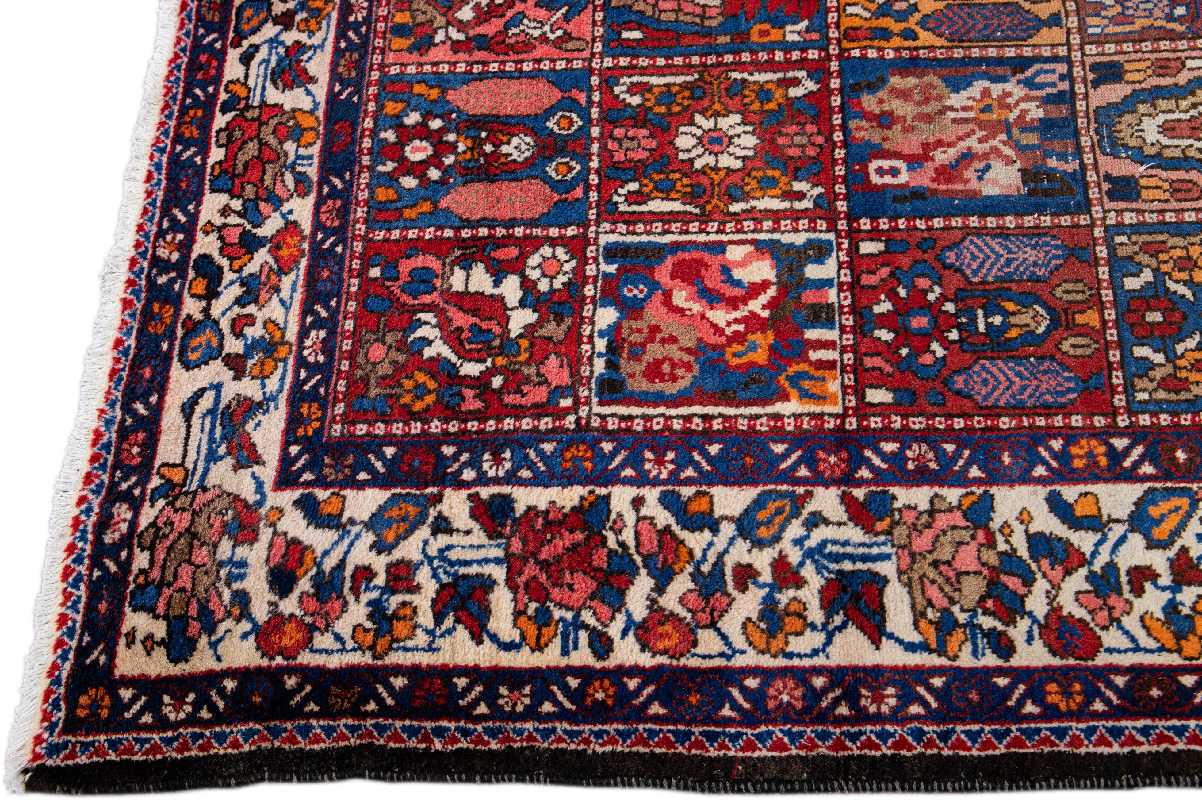 Hand-Knotted Antique Persian Bakhtiari Handmade Allover Pattern Multicolor Wool Rug For Sale