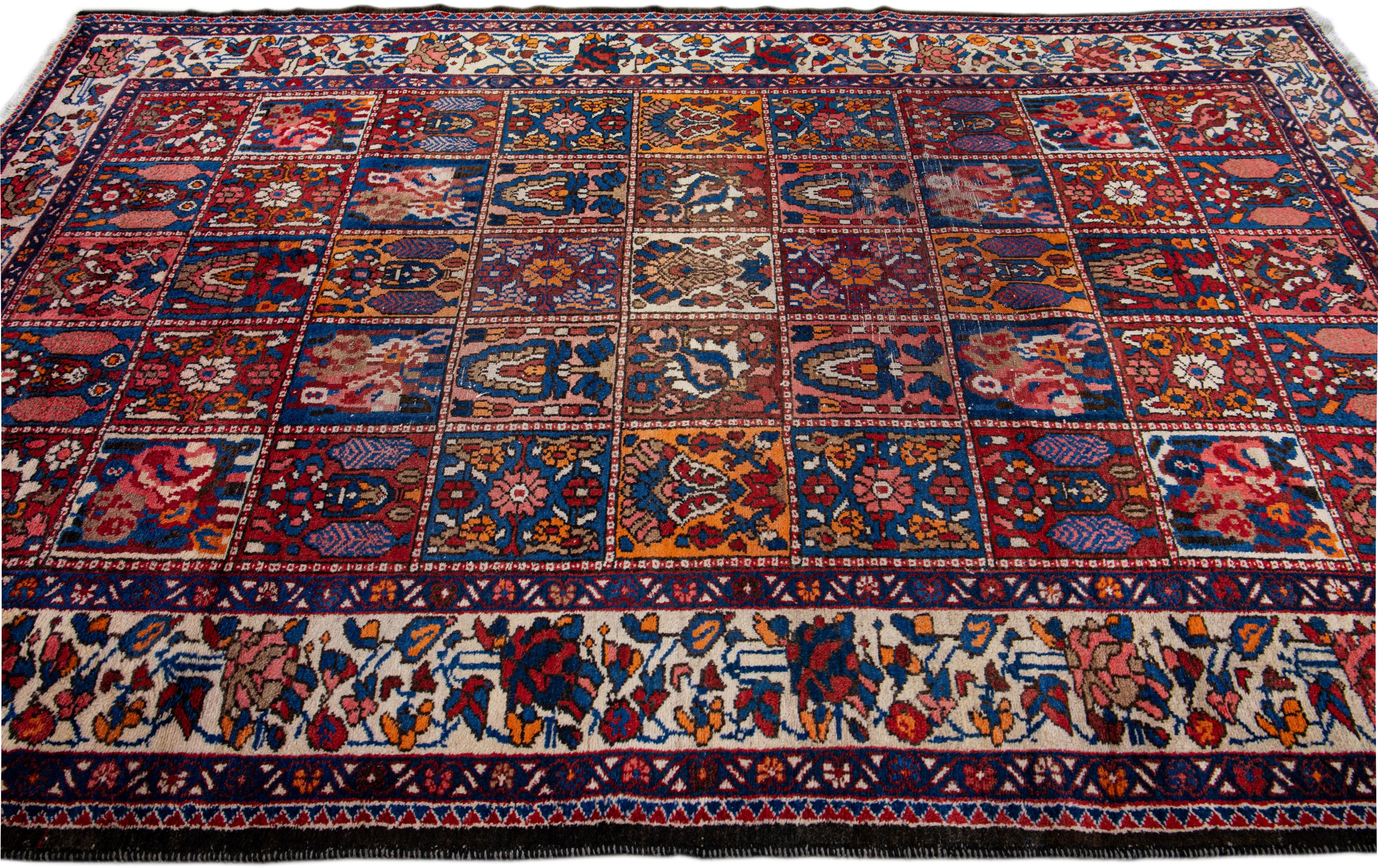 Antique Persian Bakhtiari Handmade Allover Pattern Multicolor Wool Rug In Good Condition For Sale In Norwalk, CT