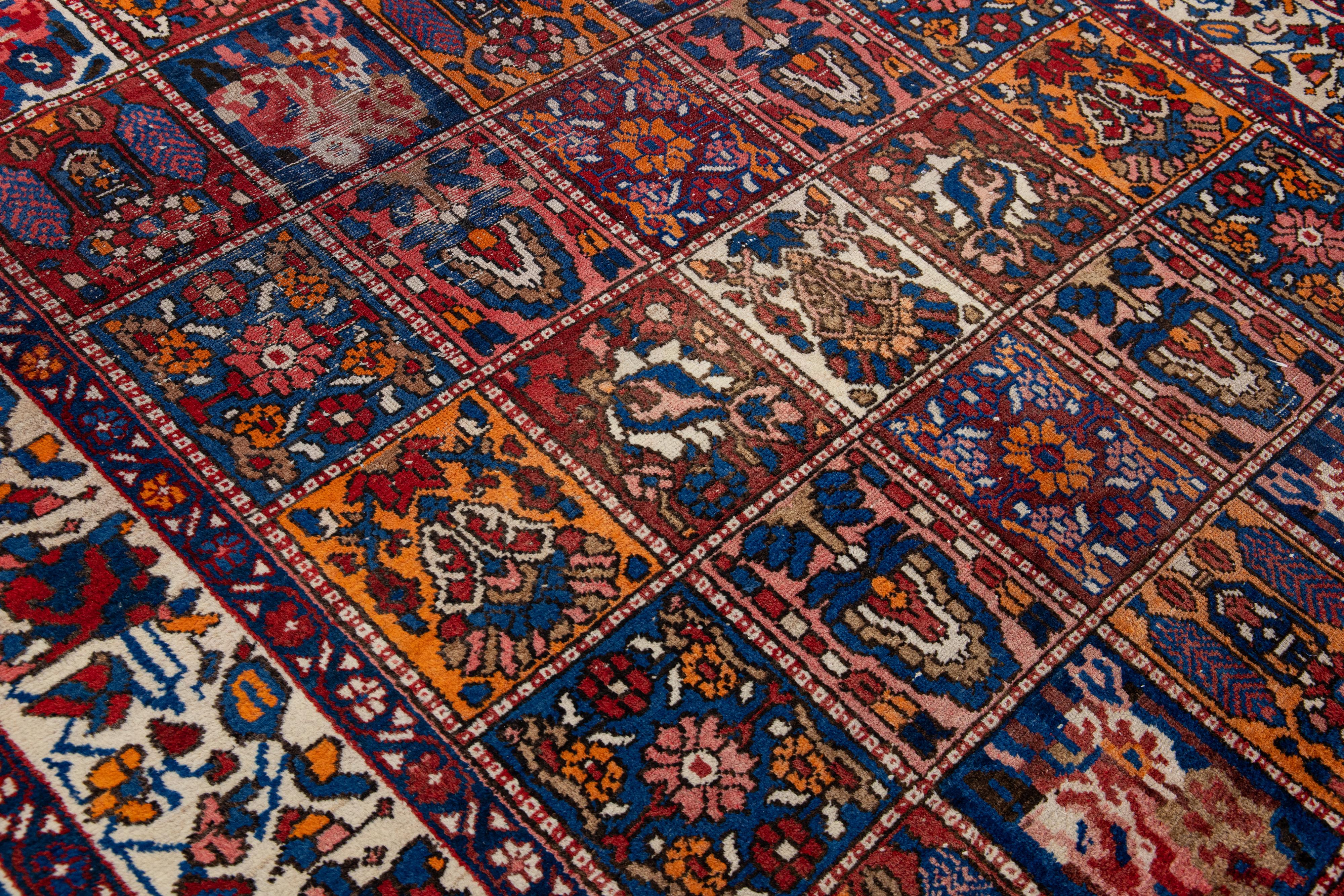 Antique Persian Bakhtiari Handmade Allover Pattern Multicolor Wool Rug For Sale 3
