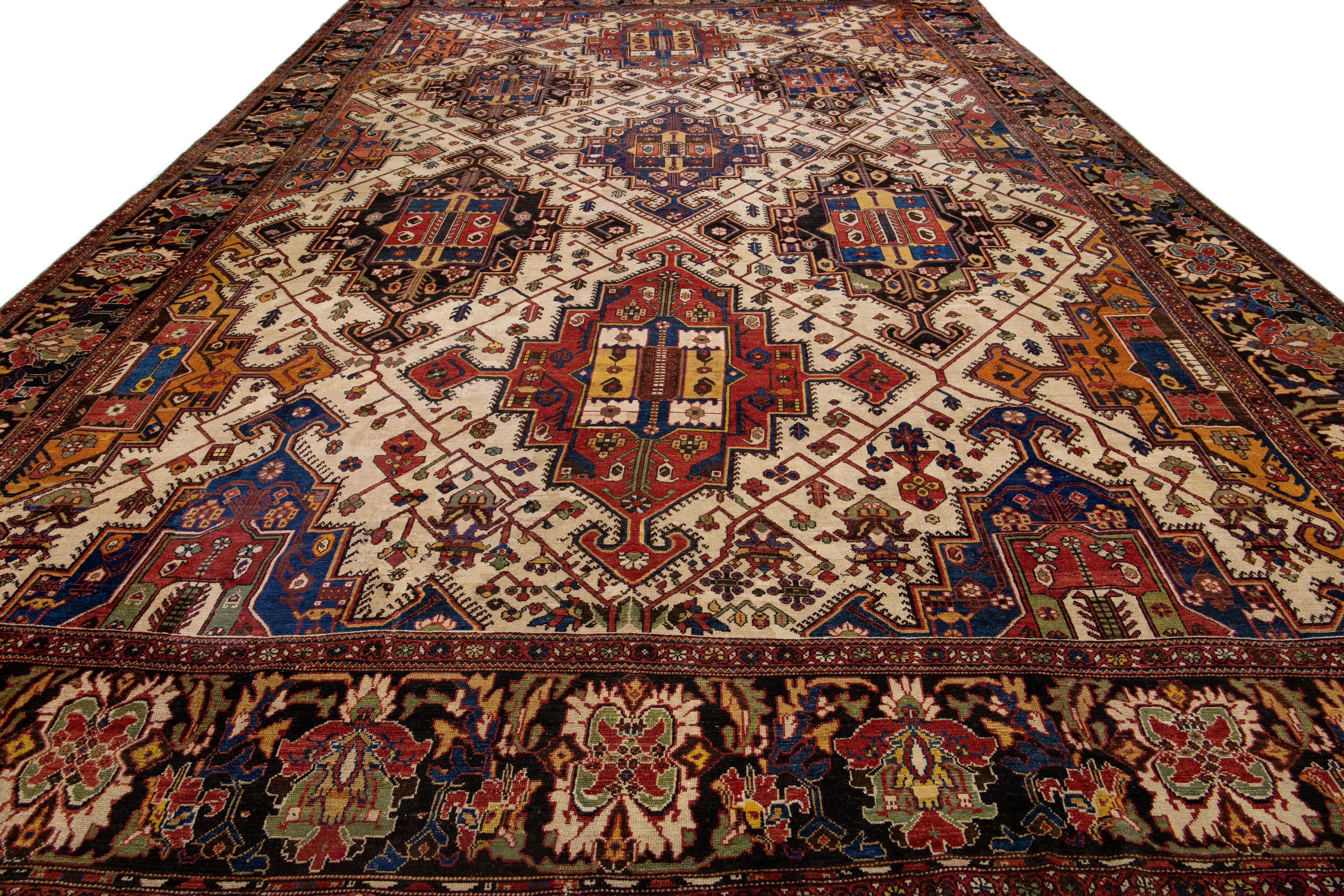 Islamic Antique Persian Bakhtiari Handmade Multicolor Geometric Wool Rug For Sale