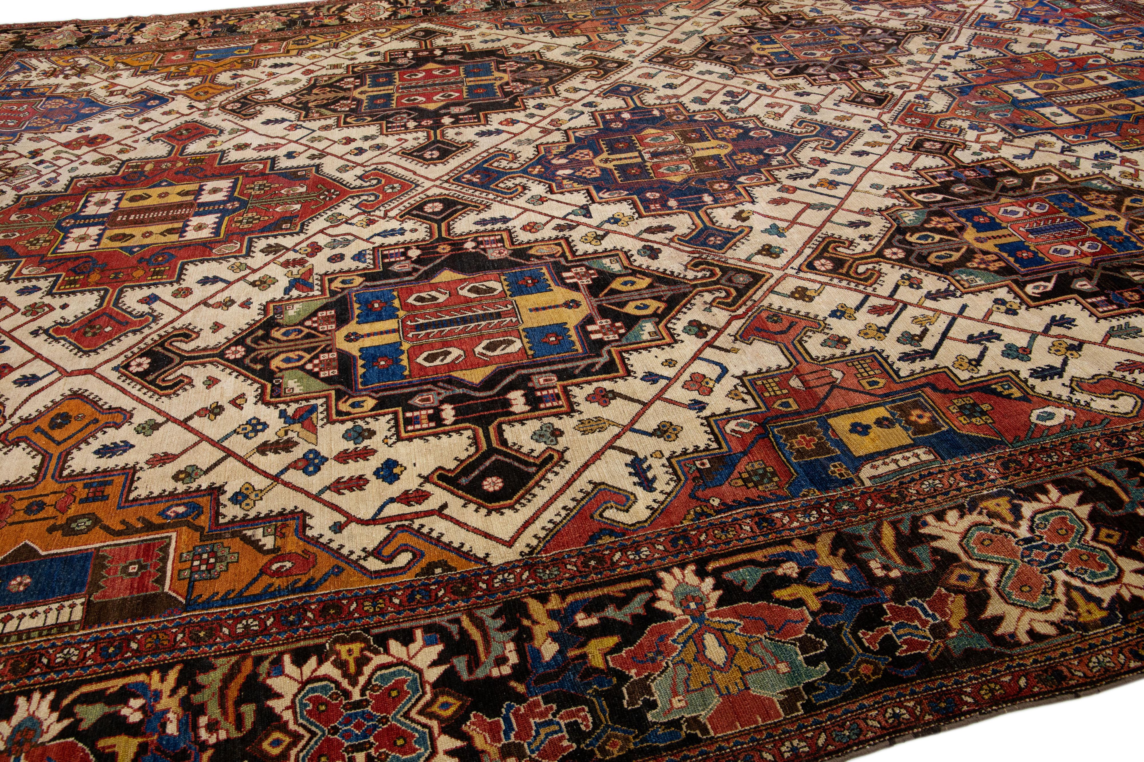 Antique Persian Bakhtiari Handmade Multicolor Geometric Wool Rug In Good Condition For Sale In Norwalk, CT