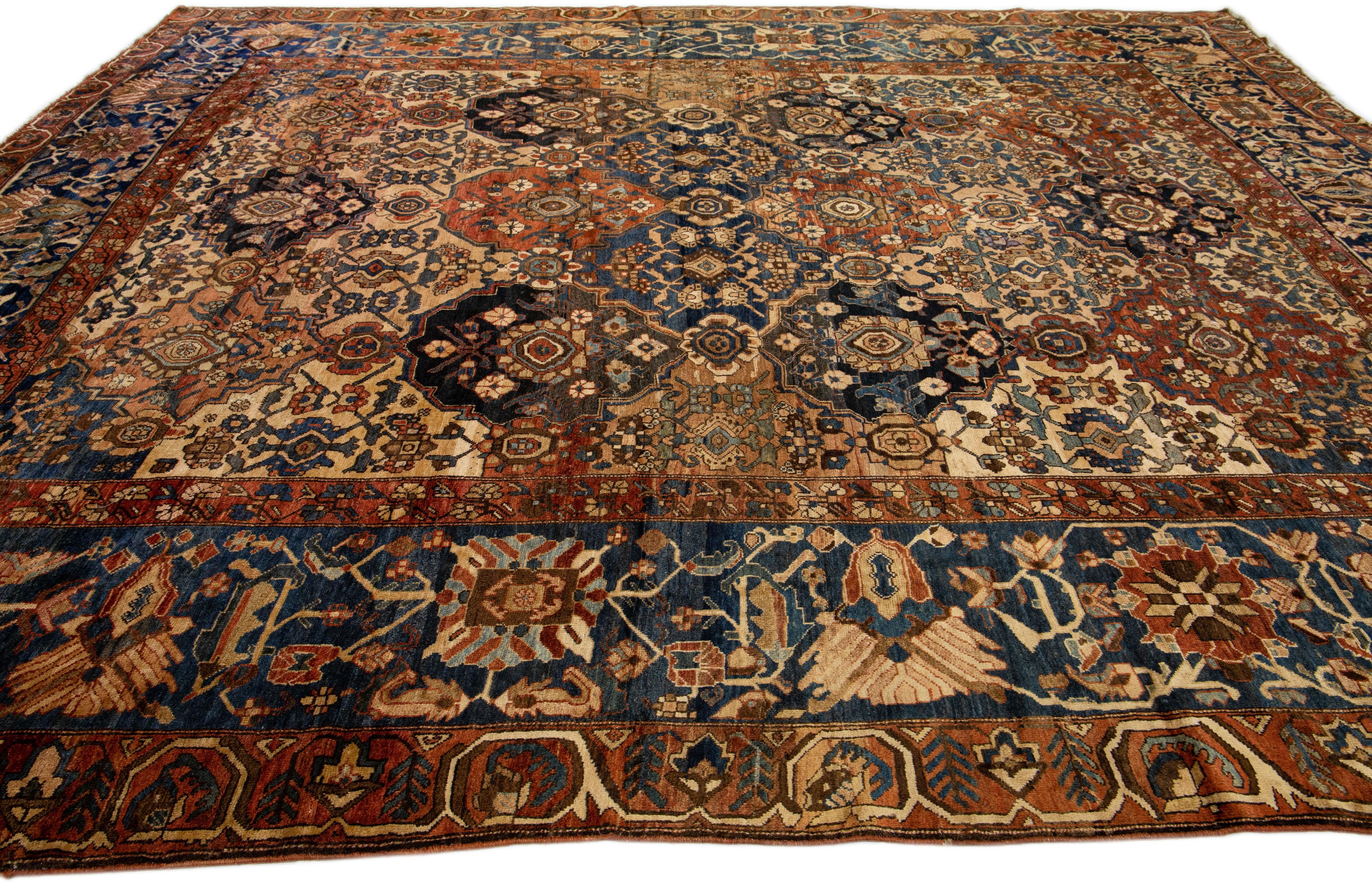 Hand-Knotted Antique Persian Bakhtiari Handmade Multicolor Wool Rug with Allover Motif For Sale