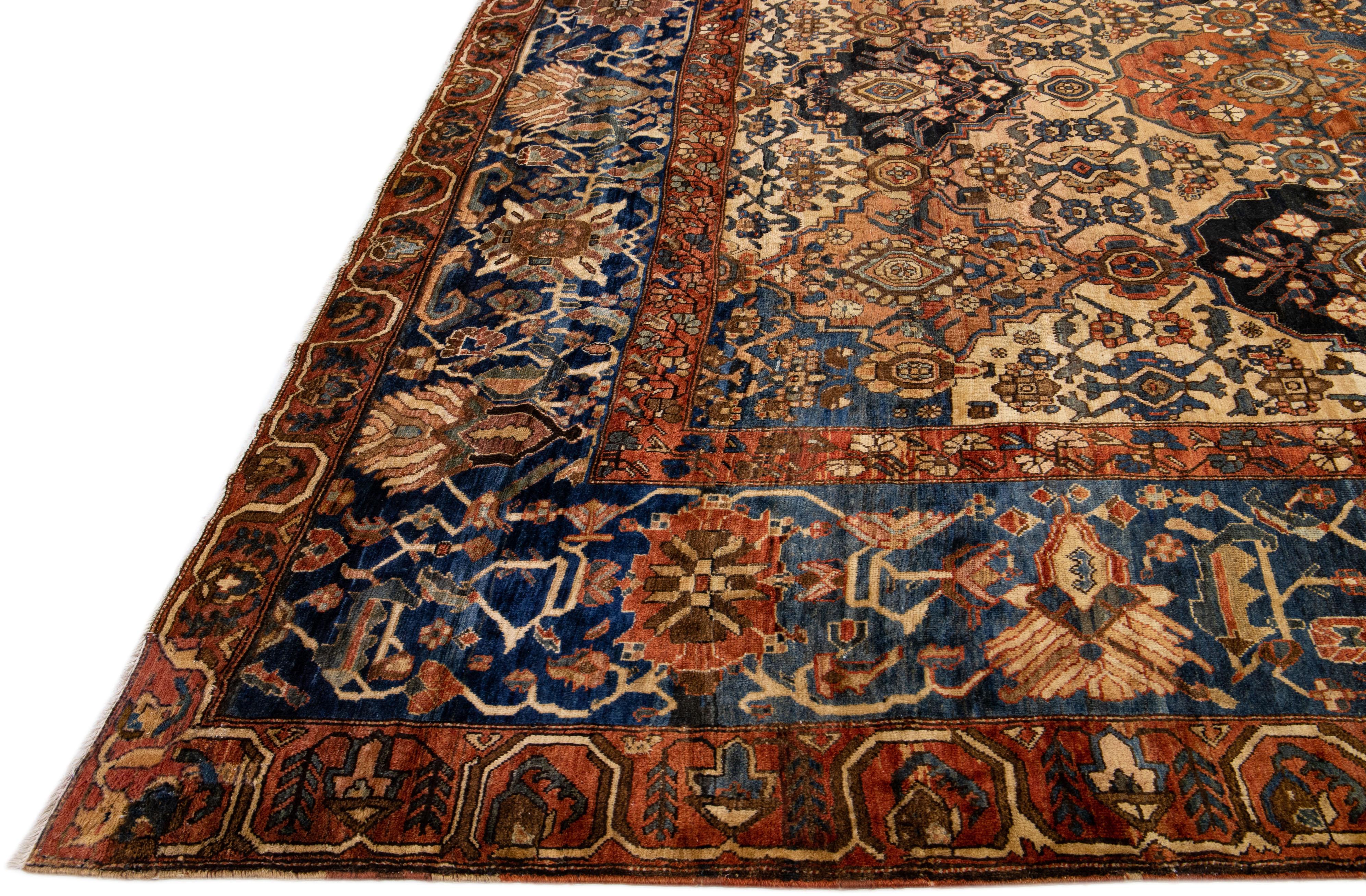 Antique Persian Bakhtiari Handmade Multicolor Wool Rug with Allover Motif For Sale 1