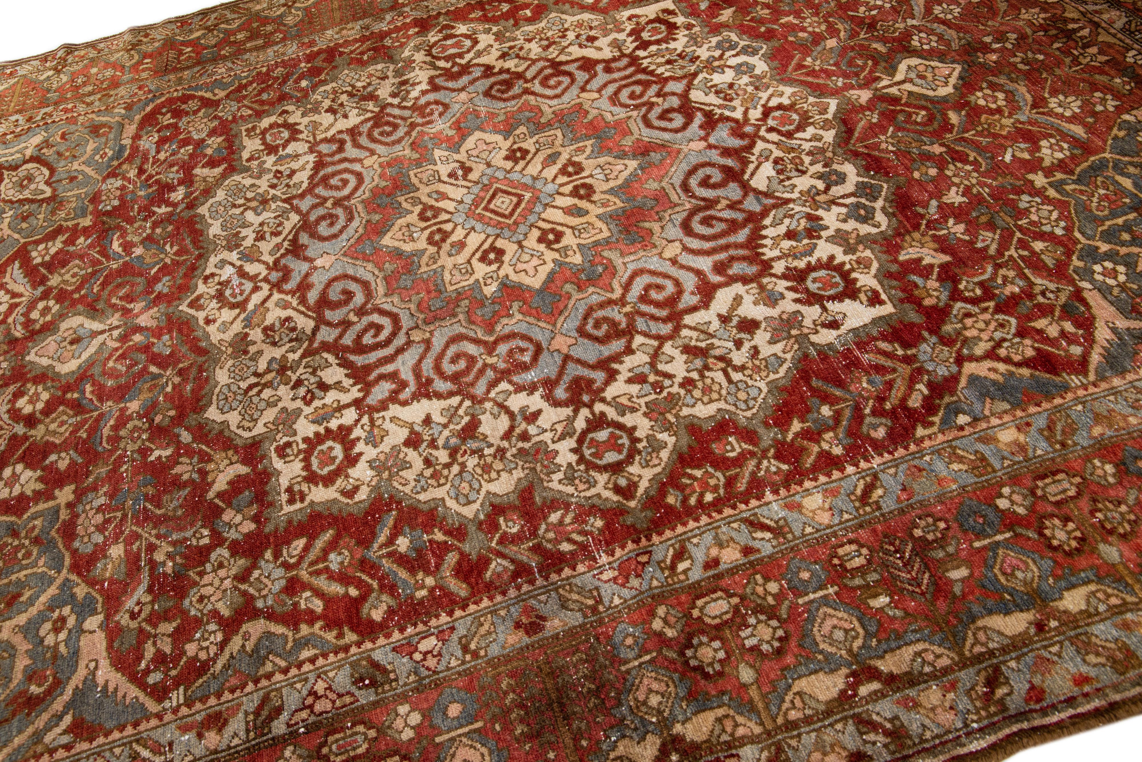 Bakshaish Antique Persian Bakhtiari Handmade Rust Rosette Wool Rug For Sale