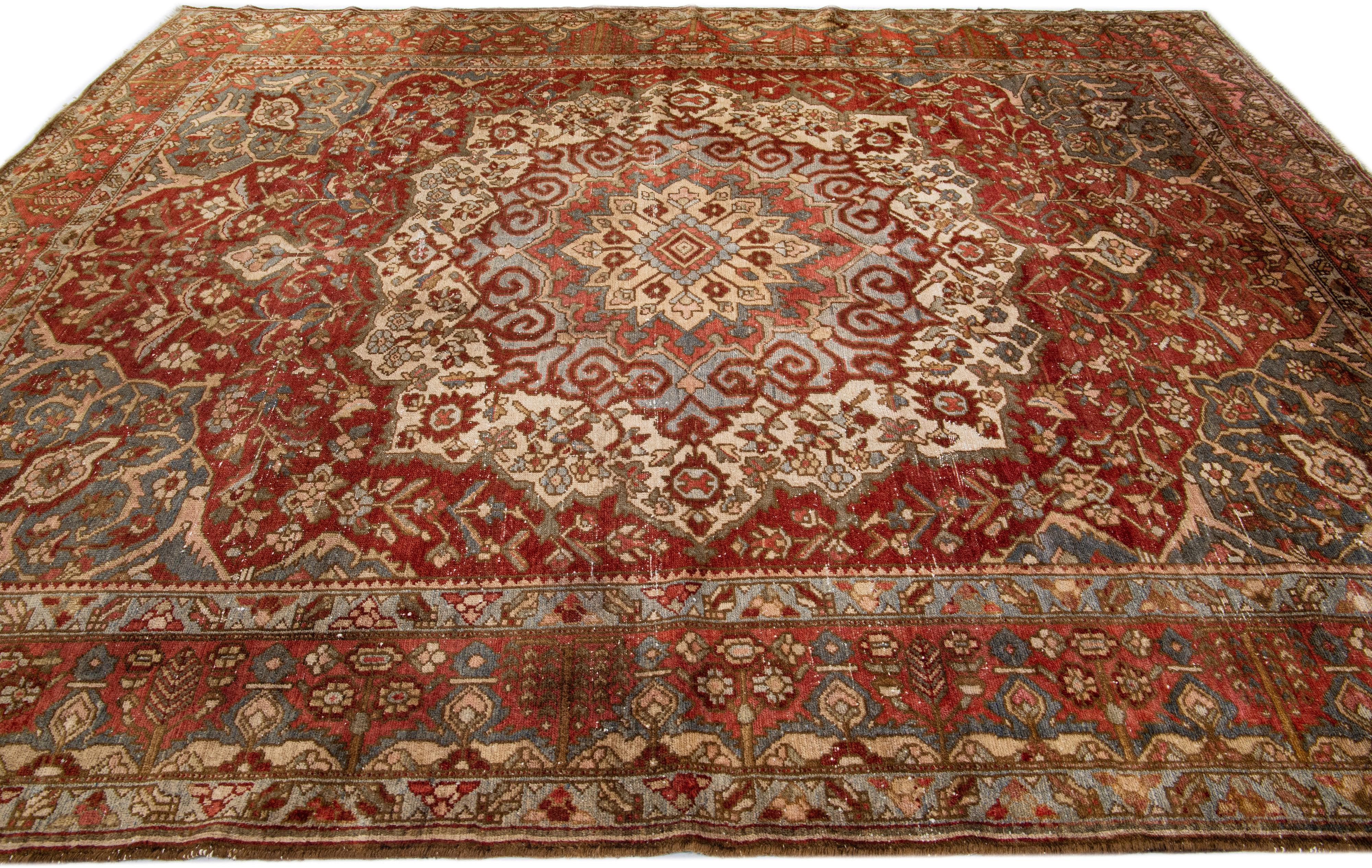 Hand-Knotted Antique Persian Bakhtiari Handmade Rust Rosette Wool Rug For Sale