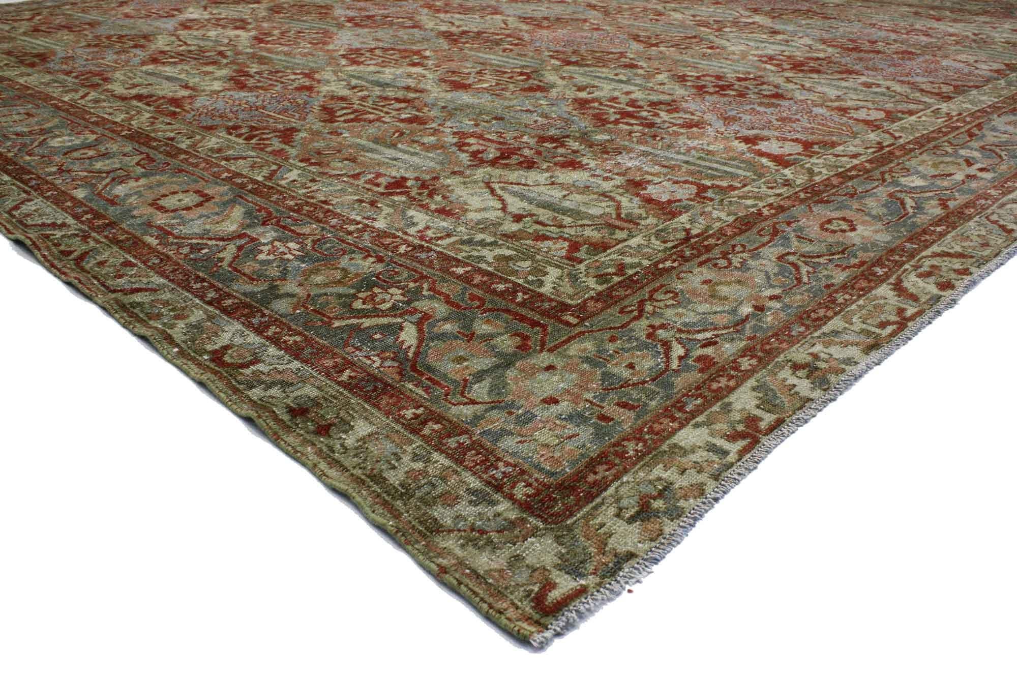 51528 Antique Persian Bakhtiari Rug 12'02 x 14'04.
Cleverly composed and distinctively well-balanced, this hand knotted wool distressed antique Persian Bakhtiari rug will take on a curated lived-in look that feels timeless while imparting a sense of