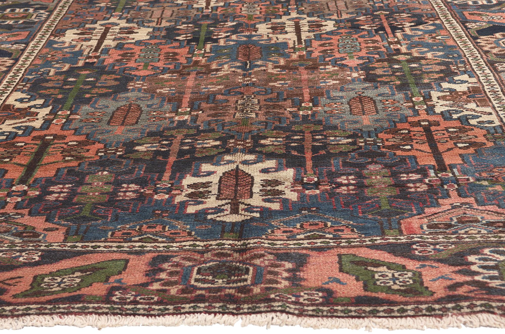 Hand-Knotted Antique Persian Bakhtiari Rug, Biophilic Design Meets Earth-Tone Decadence For Sale