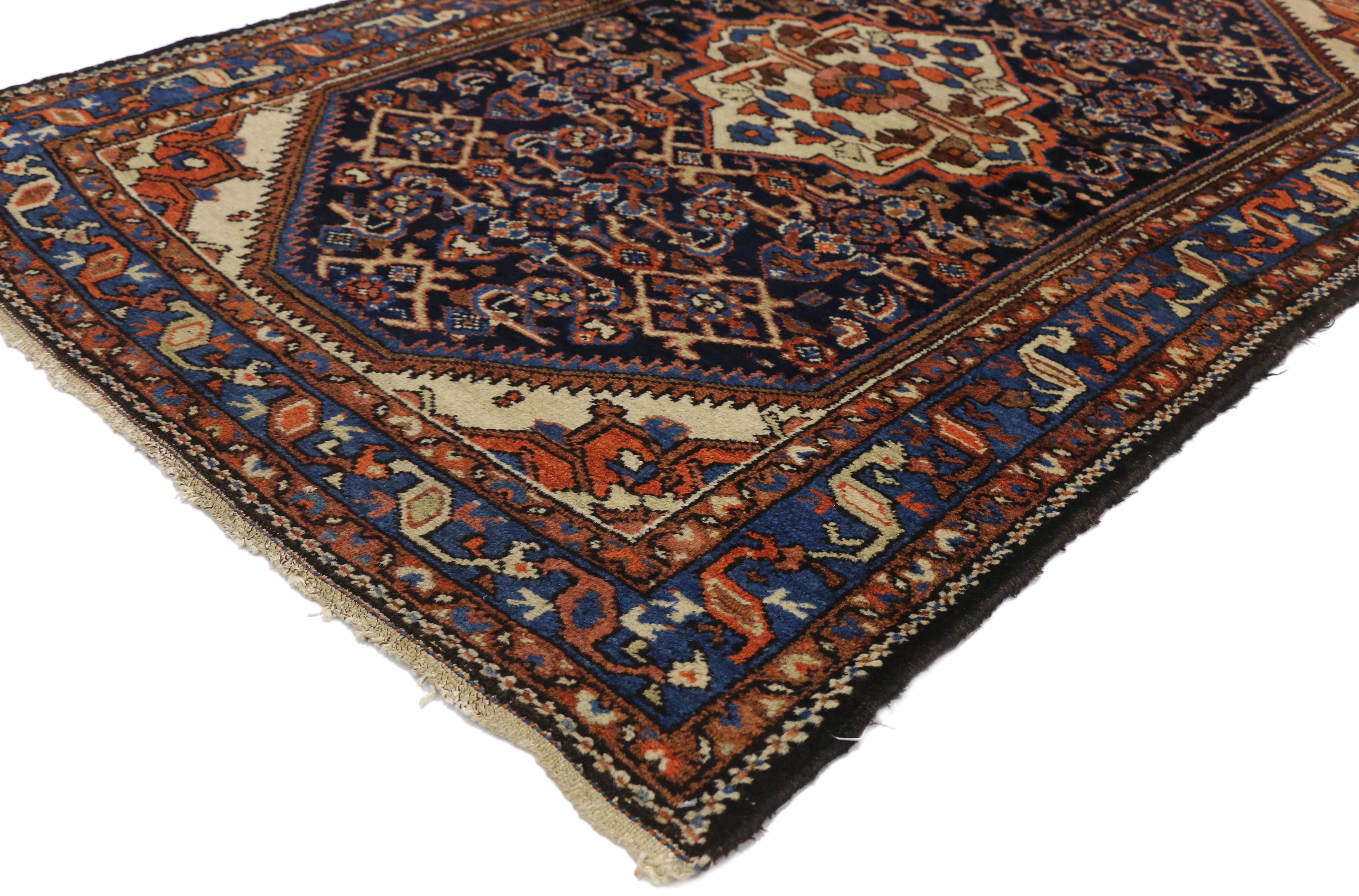 73432 antique Persian Bakhtiari rug for Kitchen, Bathroom, Foyer or Entry rug. This hand knotted wool vintage Persian Bakhtiari accent rug features a modern traditional style. Immersed in Persian history and timeless style, this small Persian rug