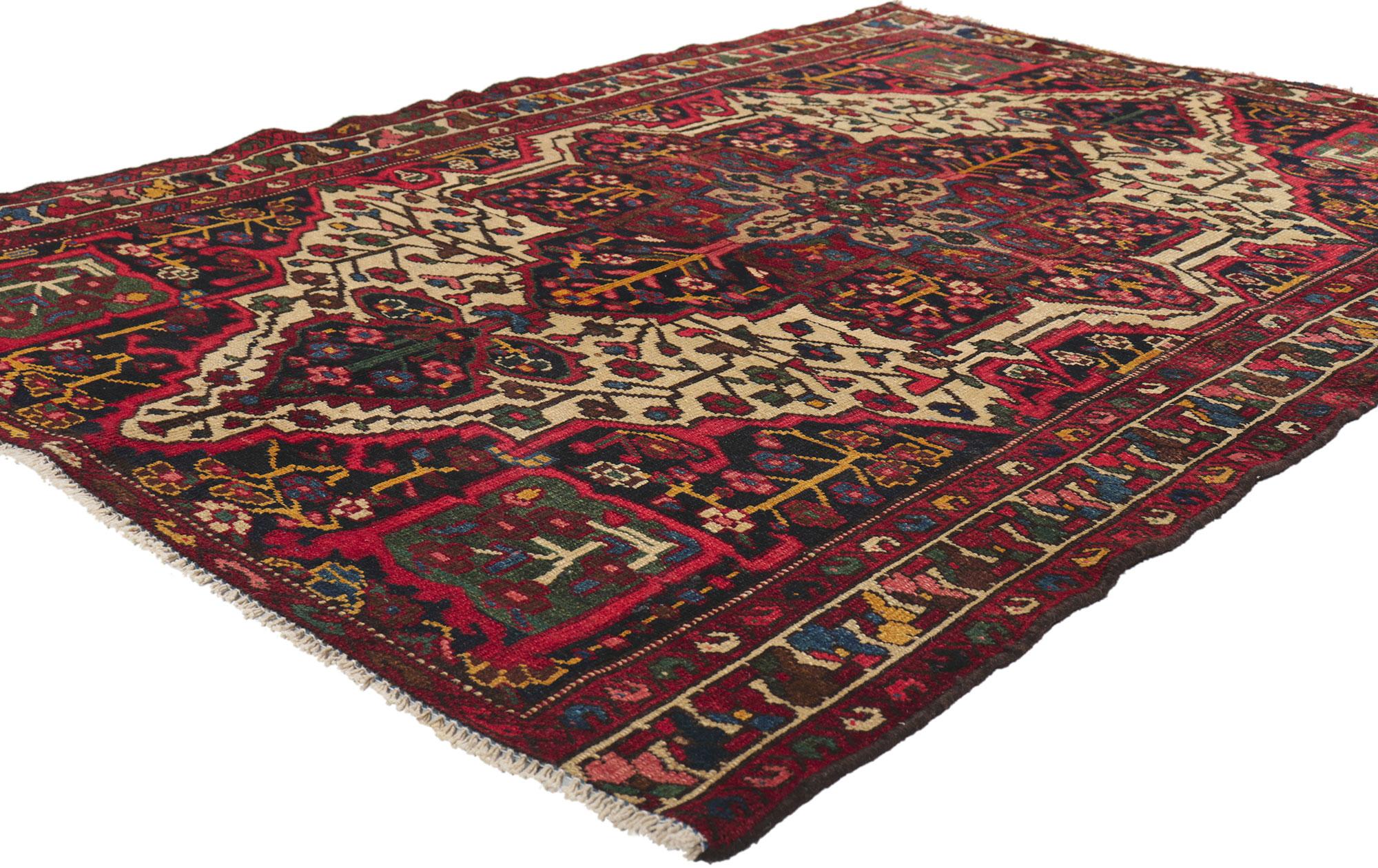 61183 Antique Persian Bakhtiari Rug, 04.04 x 06.06. With its timeless style, incredible detail and texture, this hand-knotted wool antique Persian Bakhtiari rug is poised to impress. The eye-catching medallion design and traditional color palette