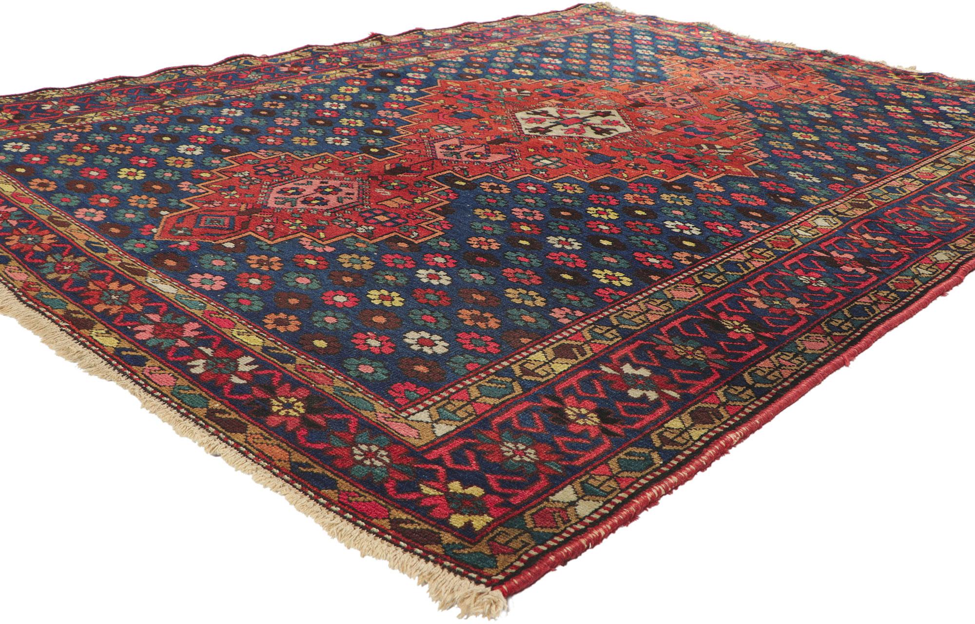 73281 Antique Persian Bakhtiari Rug, 05'05 x 07'01.
Regal and refined, this hand-knotted wool antique Persian Bakhtiari rug takes on a curated lived-in look that feels timeless while imparting a sense of warmth and welcomed informality. The