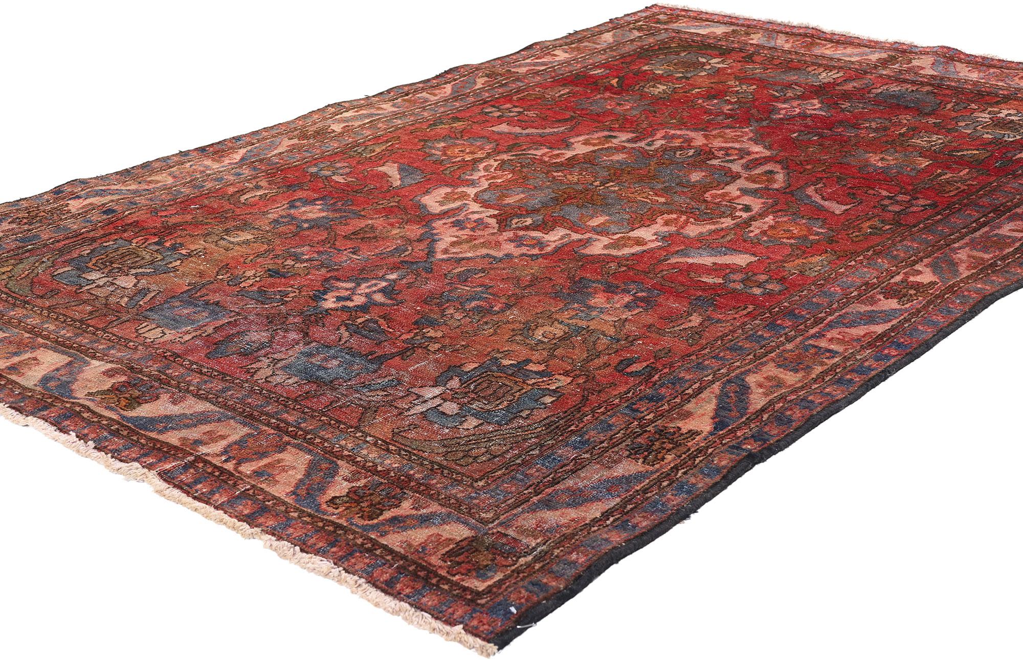 77685 Distressed Antique Persian Bakhtiari Rug, 04'06 x 06'08. Step into a world where history and artistry converge in this enchanting hand-knotted wool antique Persian Bakhtiari rug. Every thread of this Persian masterpiece whispers tales of