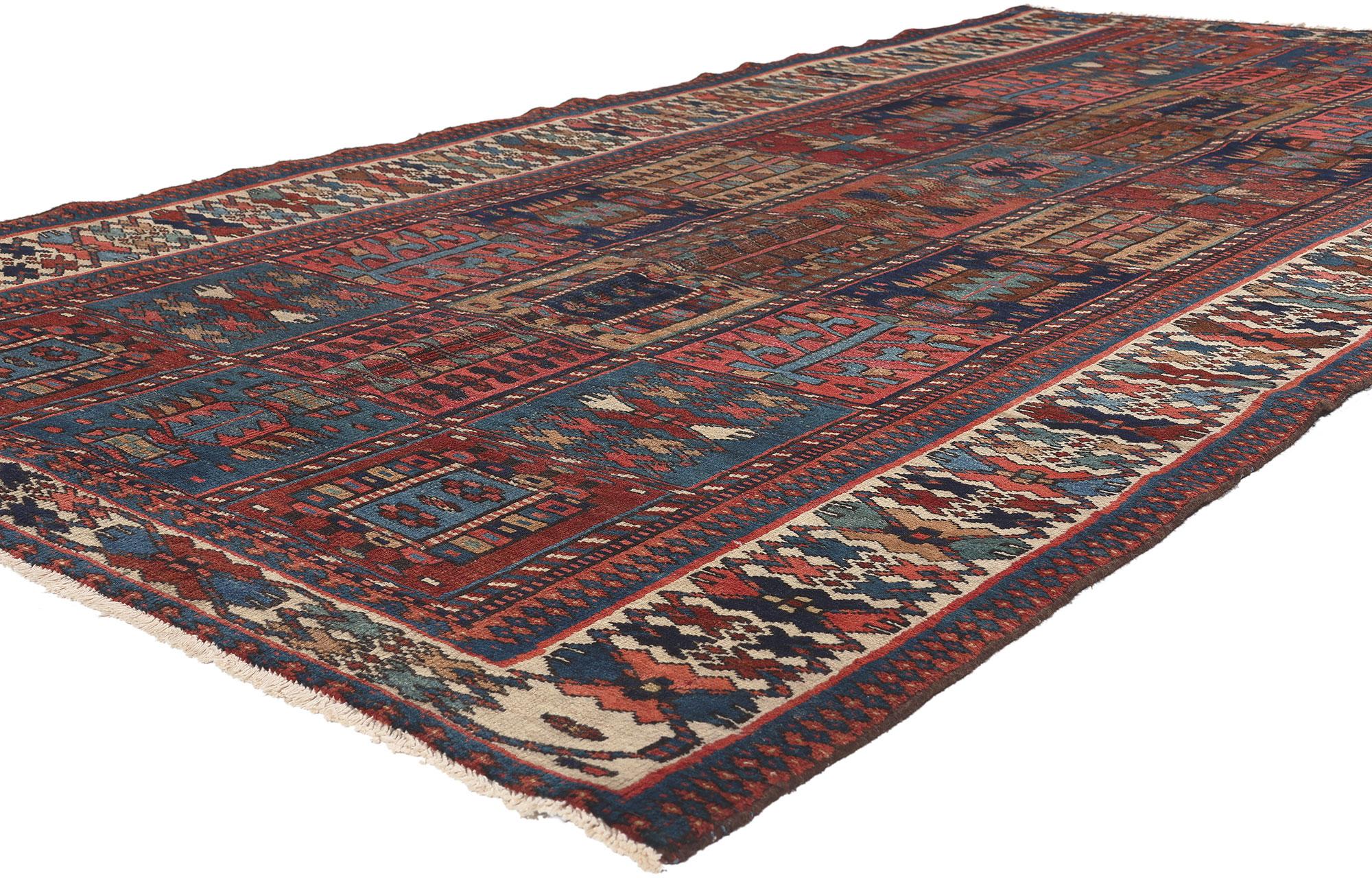75279 Antique Persian Bakhtiari Rug, 05'01 x 10'04.
Nomadic charm meets Biophilic Design in this antique Persian Bakhatiari rug. The four seasons garden design and rich earthy hues woven into this piece work together creating a warm and welcoming