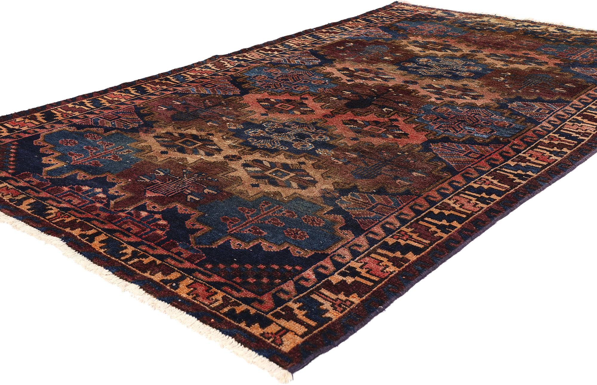 77680 Antique Persian Bakhtiari Rug, 04'09 x 08'00. Emerging from the rugged terrain of the Zagros Mountains in Iran, Persian Bakhtiari rugs stand as revered symbols of unparalleled craftsmanship and cultural legacy. Guided by generations of