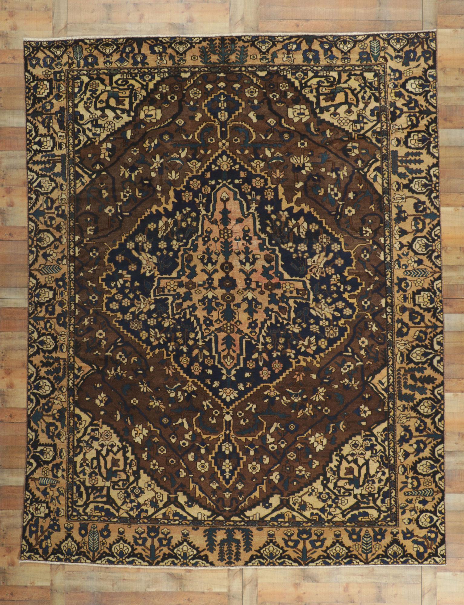 Antique Persian Bakhtiari Rug, Dark and Moody Meets Masculine Sophistication For Sale 8