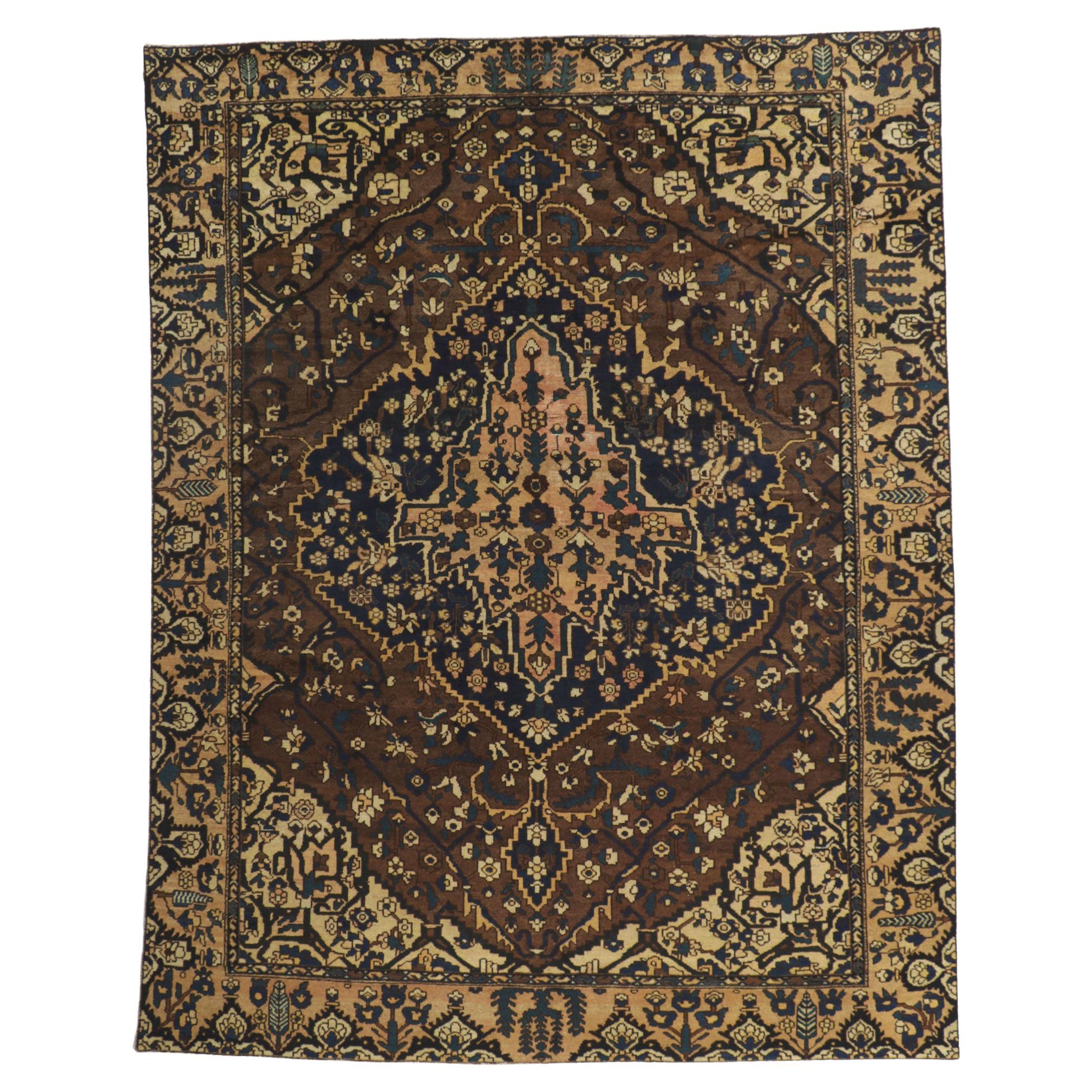 Antique Persian Bakhtiari Rug, Dark and Moody Meets Masculine Sophistication