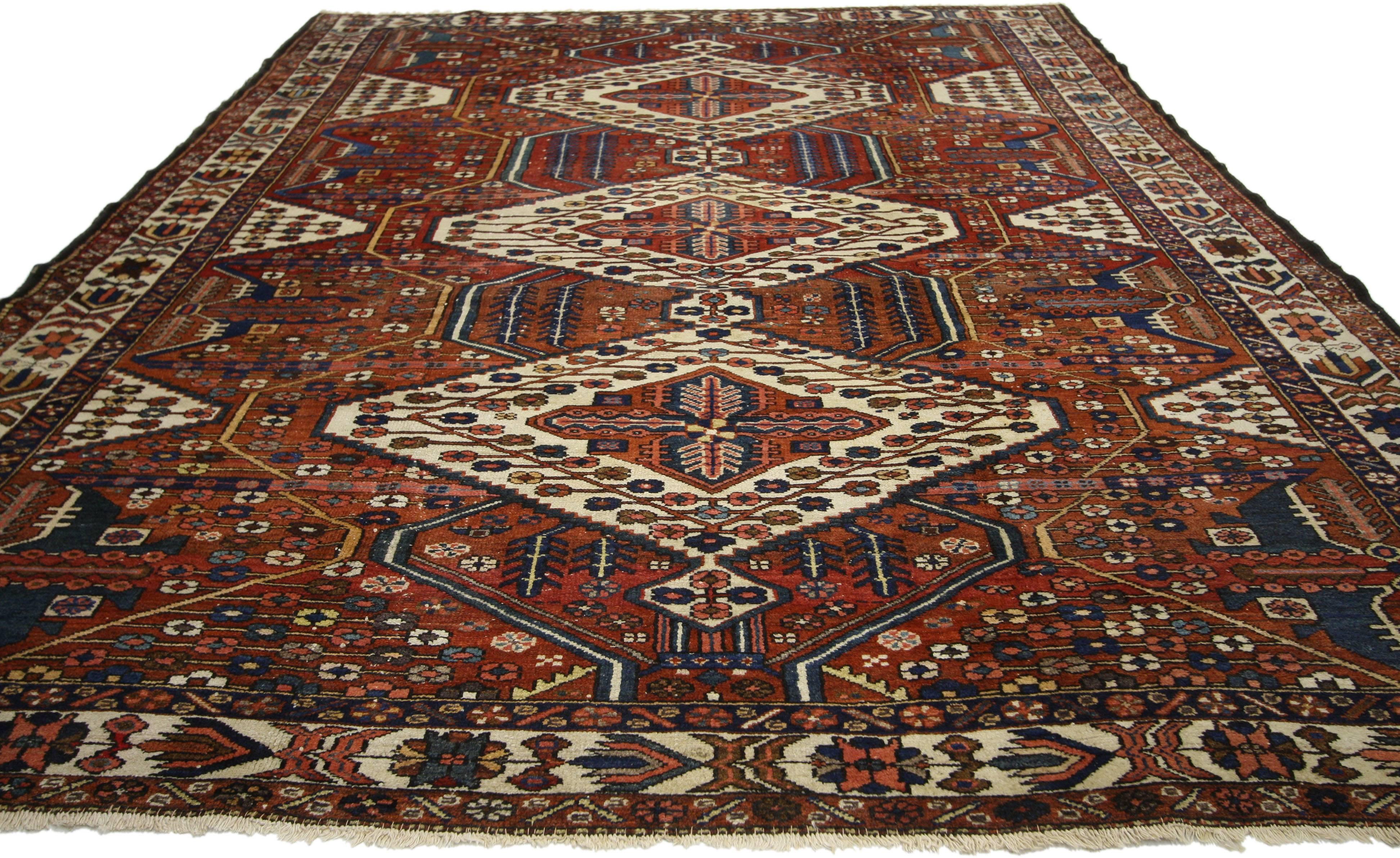 Mid-Century Modern Antique Persian Bakhtiari Rug, Midcentury Modern Meets Tribal Enchantment For Sale