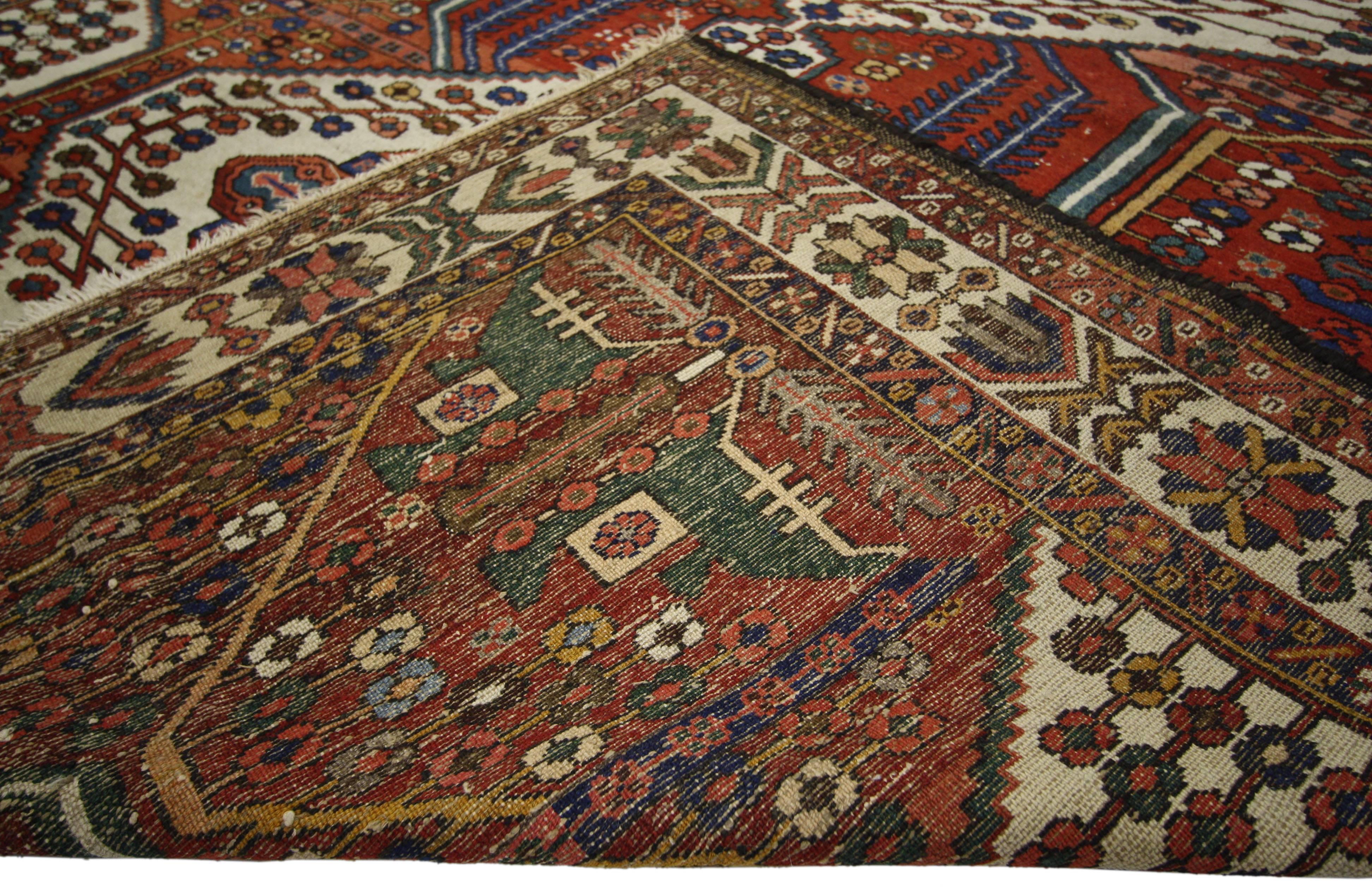 Hand-Knotted Antique Persian Bakhtiari Rug, Midcentury Modern Meets Tribal Enchantment For Sale