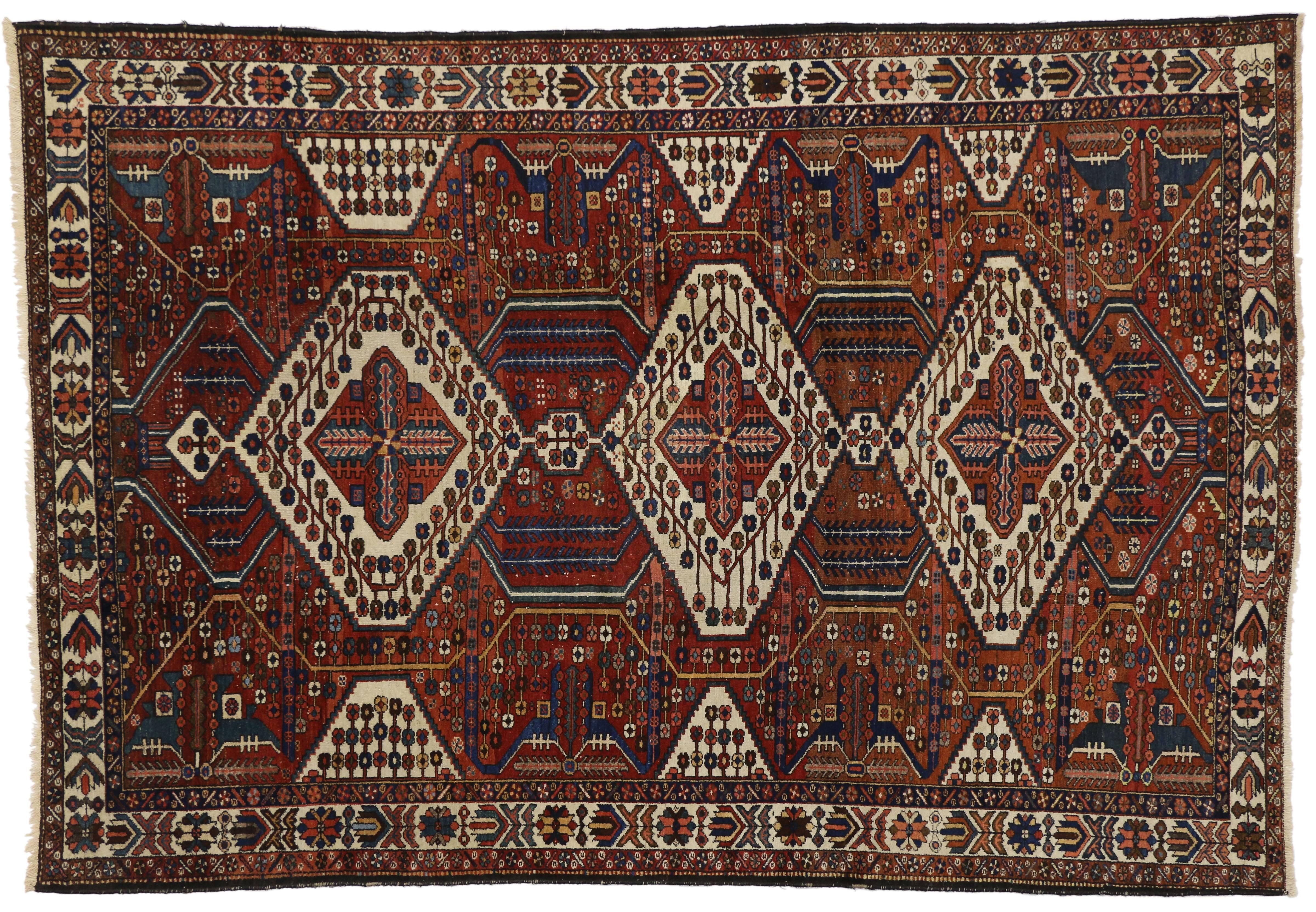 Antique Persian Bakhtiari Rug, Midcentury Modern Meets Tribal Enchantment In Good Condition For Sale In Dallas, TX