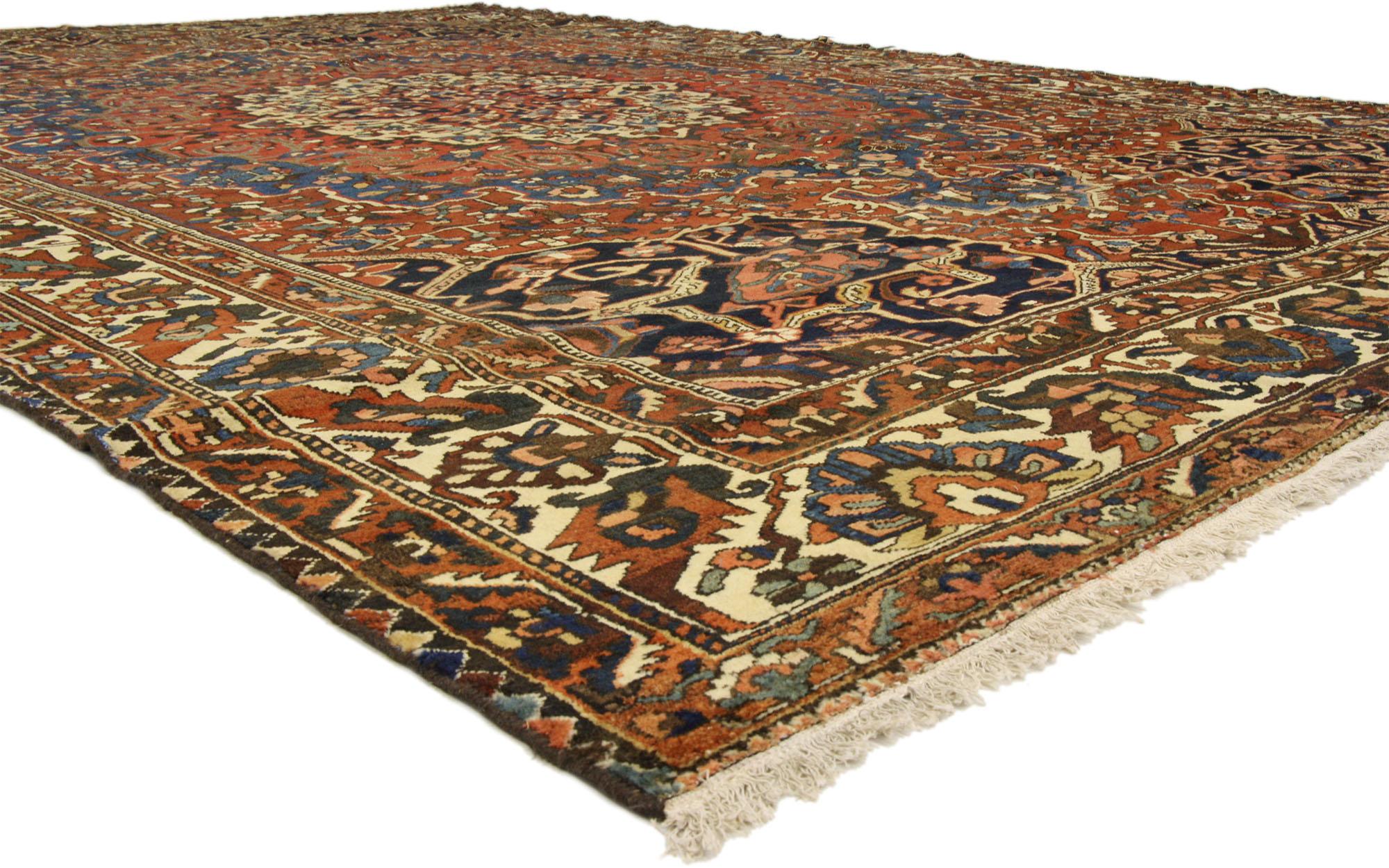 76567, antique Persian Bakhtiari rug with traditional modern style. Full of character and highly decorative, this antique Persian Bakhtiari rug with Traditional Modern style features an elaborate centre medallion and ornate spandrels surrounded by