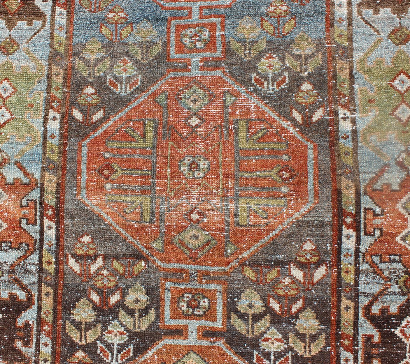 Early 20th Century Antique Persian Bakhtiari Runner in Colorful Geometric Medallion For Sale