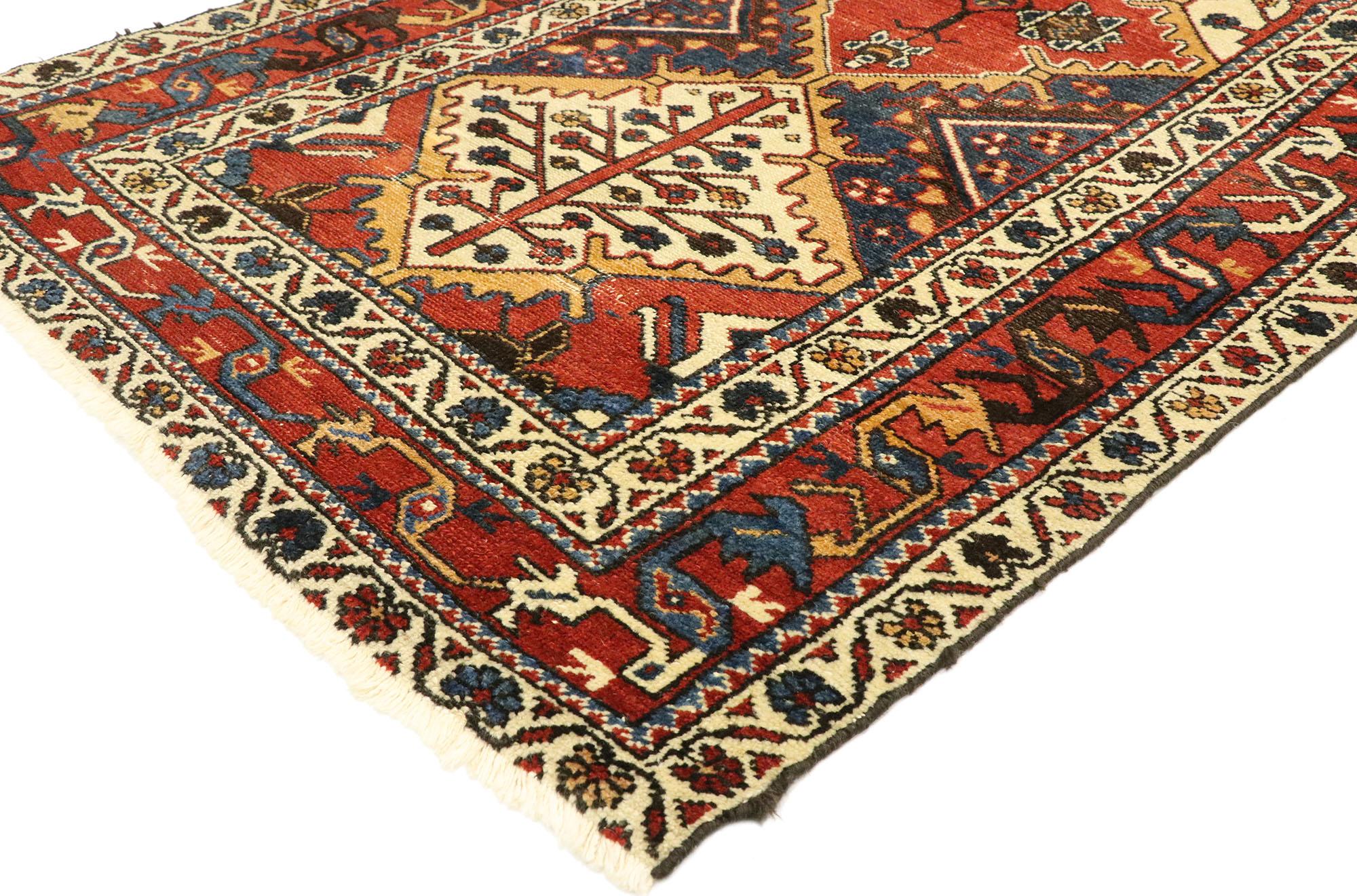 77458 antique Persian Bakhtiari runner with modern rustic Pacific Northwest style 03'03 x 12'10. Down-to-earth vibes and rustic sensibility meet Pacific Northwest style in this hand knotted wool antique Persian Bakhtiari runner. The abrashed field