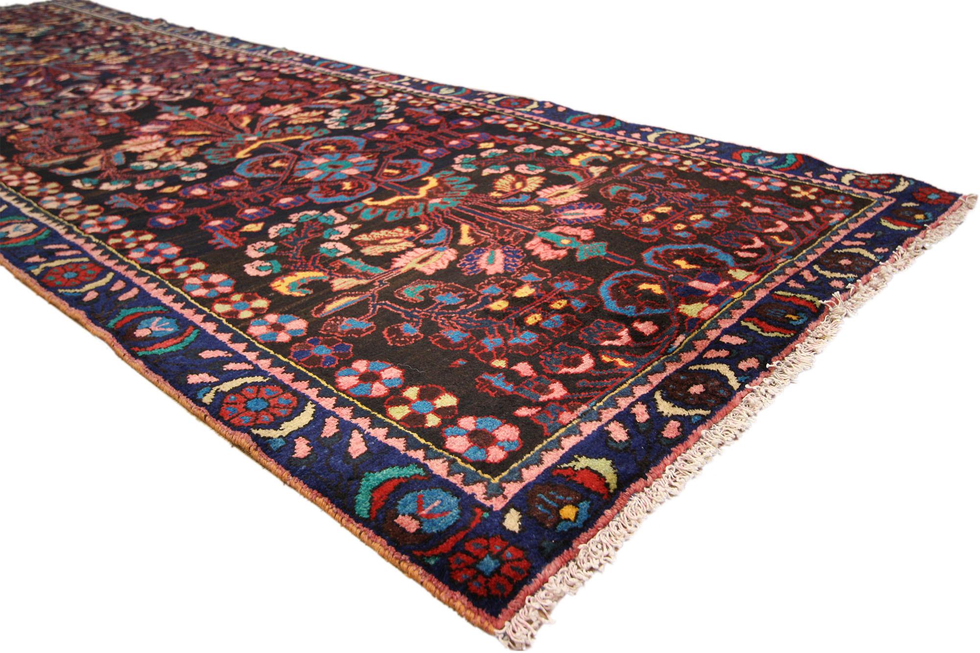 75289 Antique Persian Bakhtiari Rug Runner, 03'04 x 10'00. This hand-knotted wool antique Persian Bakhtiari rug runner is a breathtaking testament to the artistic mastery and enduring traditions of the Bakhtiari tribe. With its striking vertical