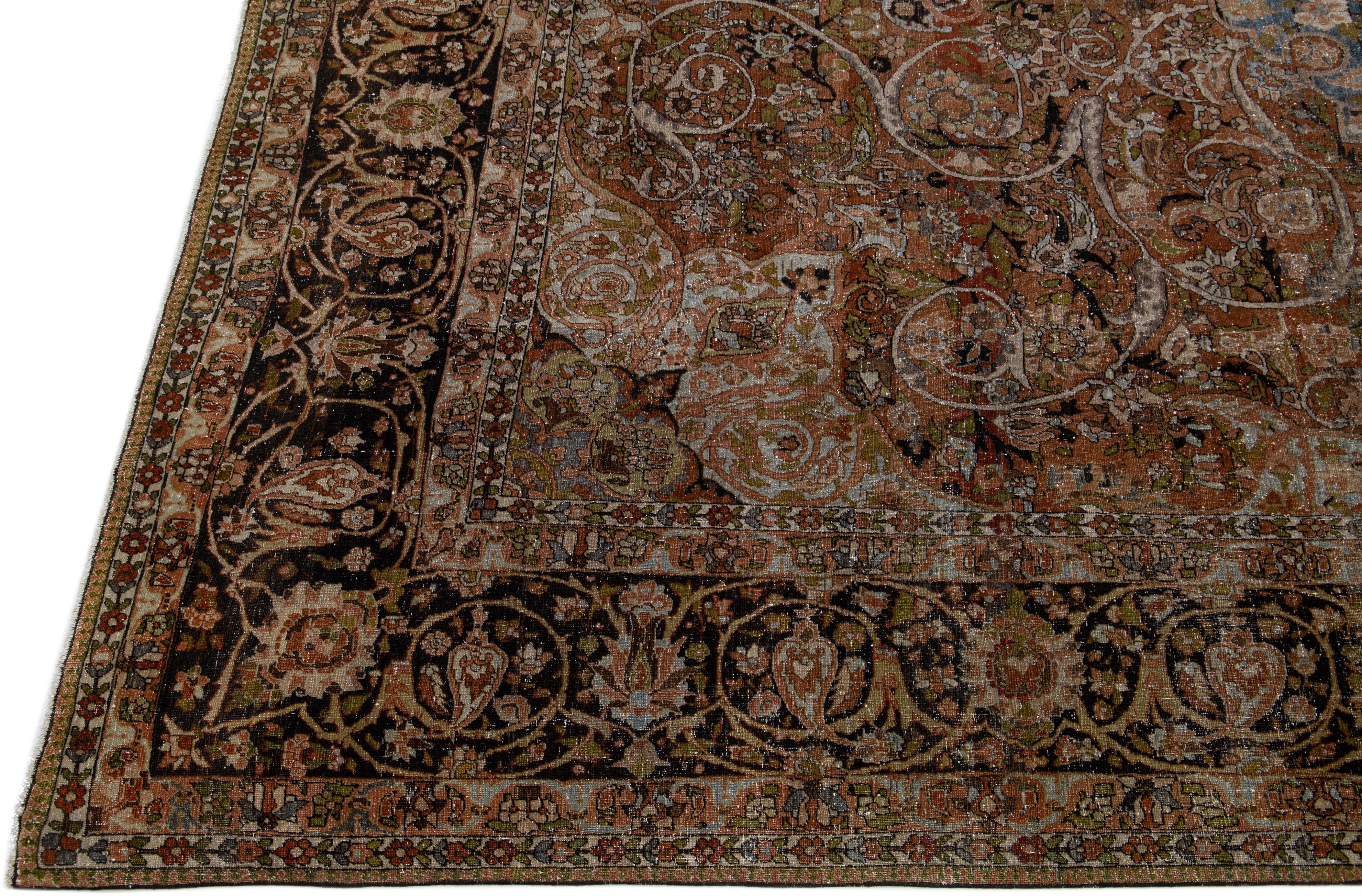 Hand-Knotted Antique Persian Bakhtiari Rust Handmade Oversize Wool Rug with Medallion Motif For Sale
