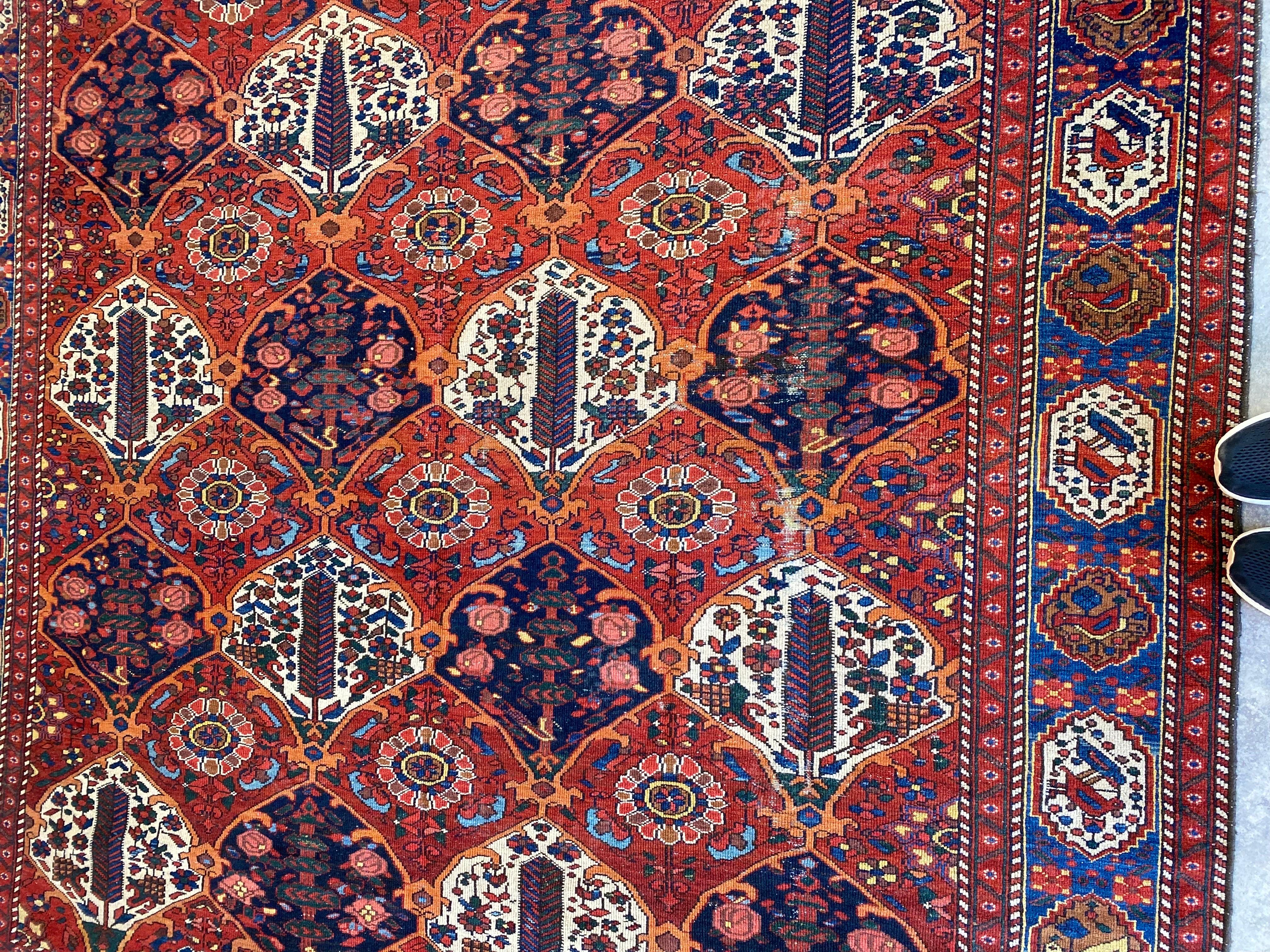 This is an Antique Persian Bahktiari carpet with a beautiful low pile, fine knotting. In wonderful condition with a few areas of wear (see closeups). There are a few spots where the pile has worn down to the foundation, but the foundation is strong