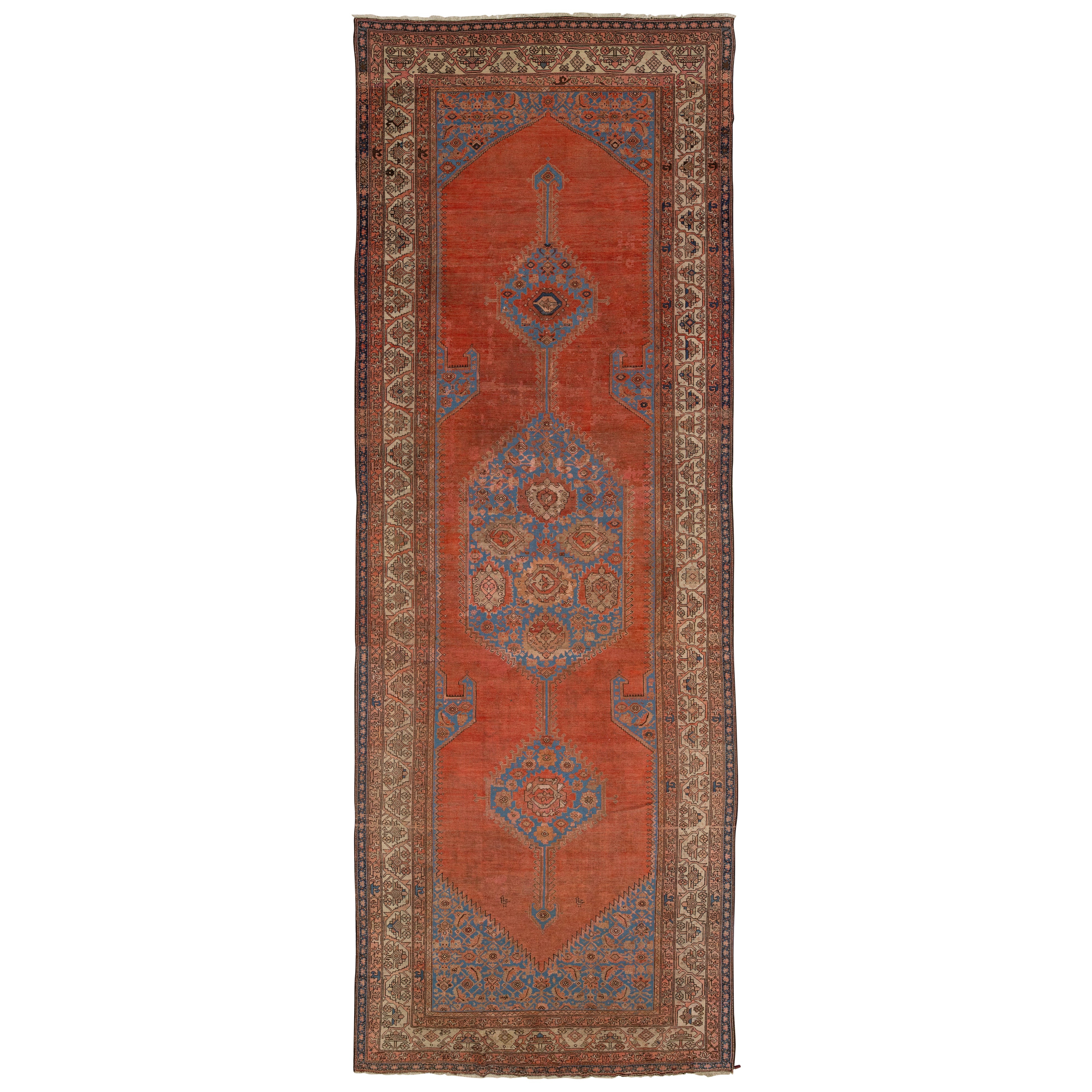 Antique Persian Bakshaish Long Wool Runner Handmade In Red with Geometric Design