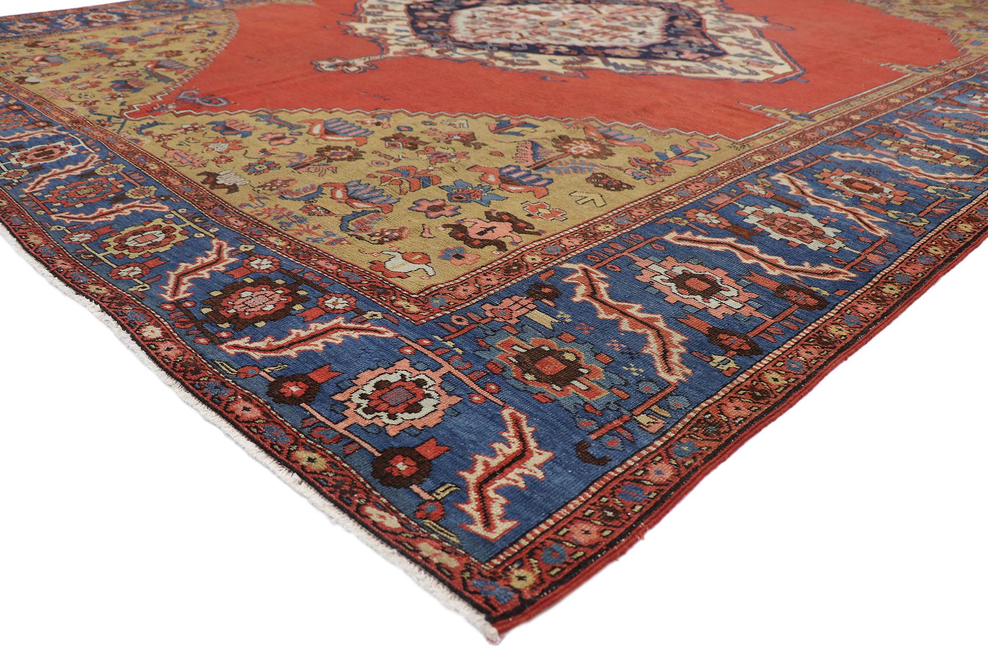 78085 antique Persian Bakshaish rug 11'04 x 15'00. Imbued with austere elegance, earthy hues and rustic sensibility, this hand-knotted wool vintage Persian Bakshaish rug will take on a curated lived-in look that feels timeless while imparting a