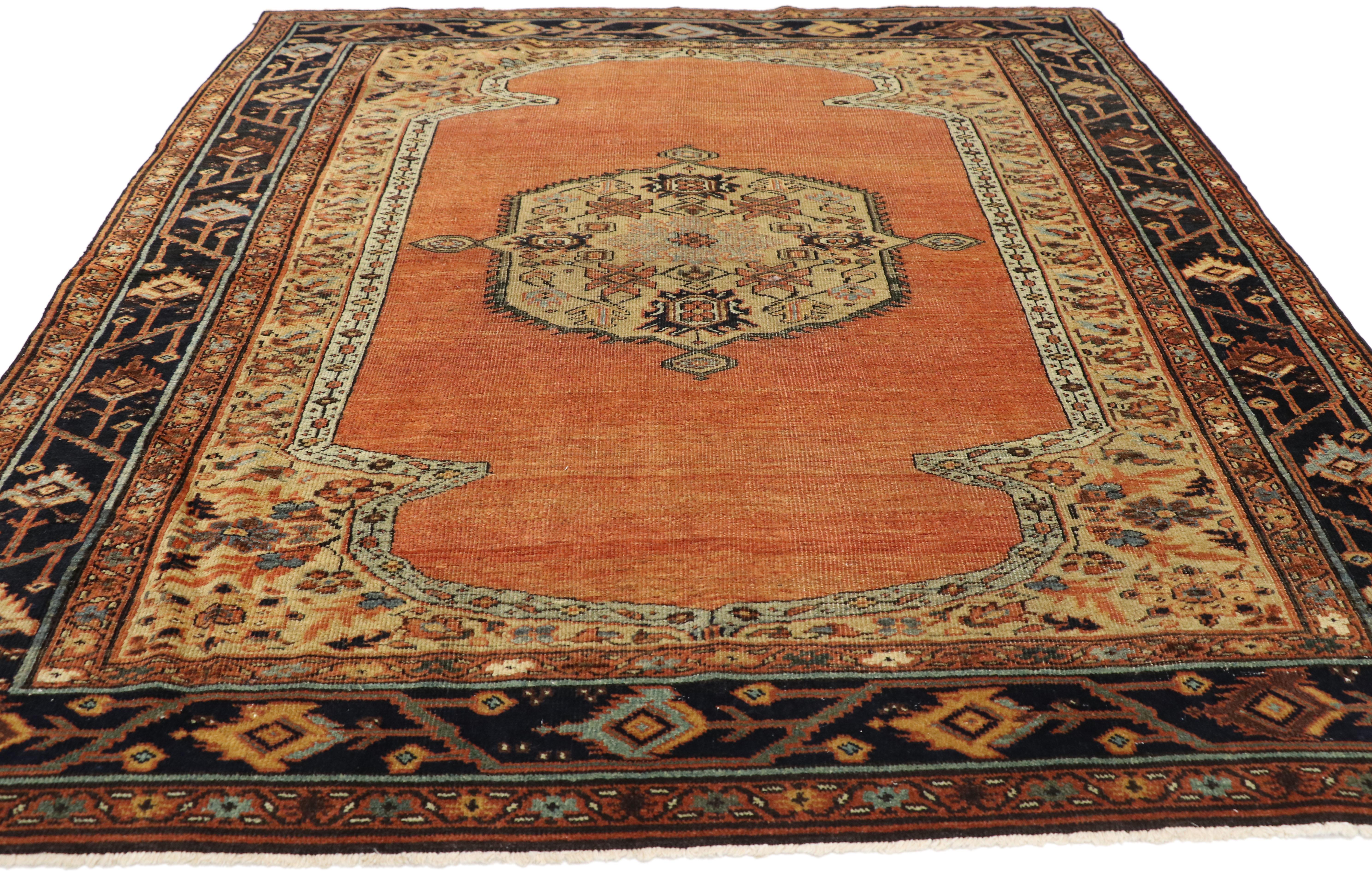 74953 Antique Persian Bakshaish Rug with Modern Northwest Style 05'07 x 06'01. ​With its bold elemental nature combined with neutral tones and bright color pop, this hand-knotted wool antique Persian Bakshaish rug embodies a modern northwest style.
