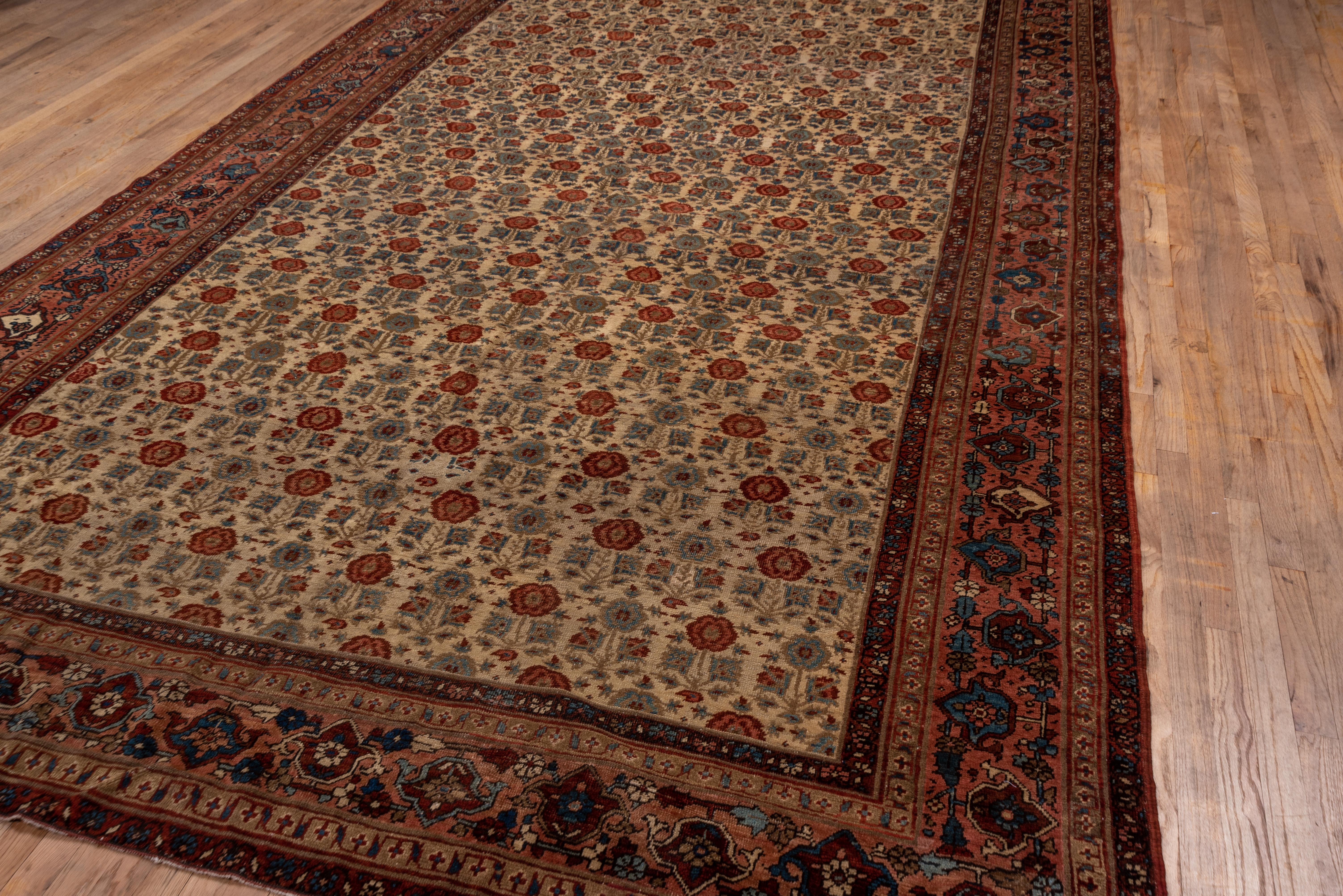 Hand-Knotted Antique Persian Bakshayesh Carpet, All-Over Field, Ivory Field For Sale