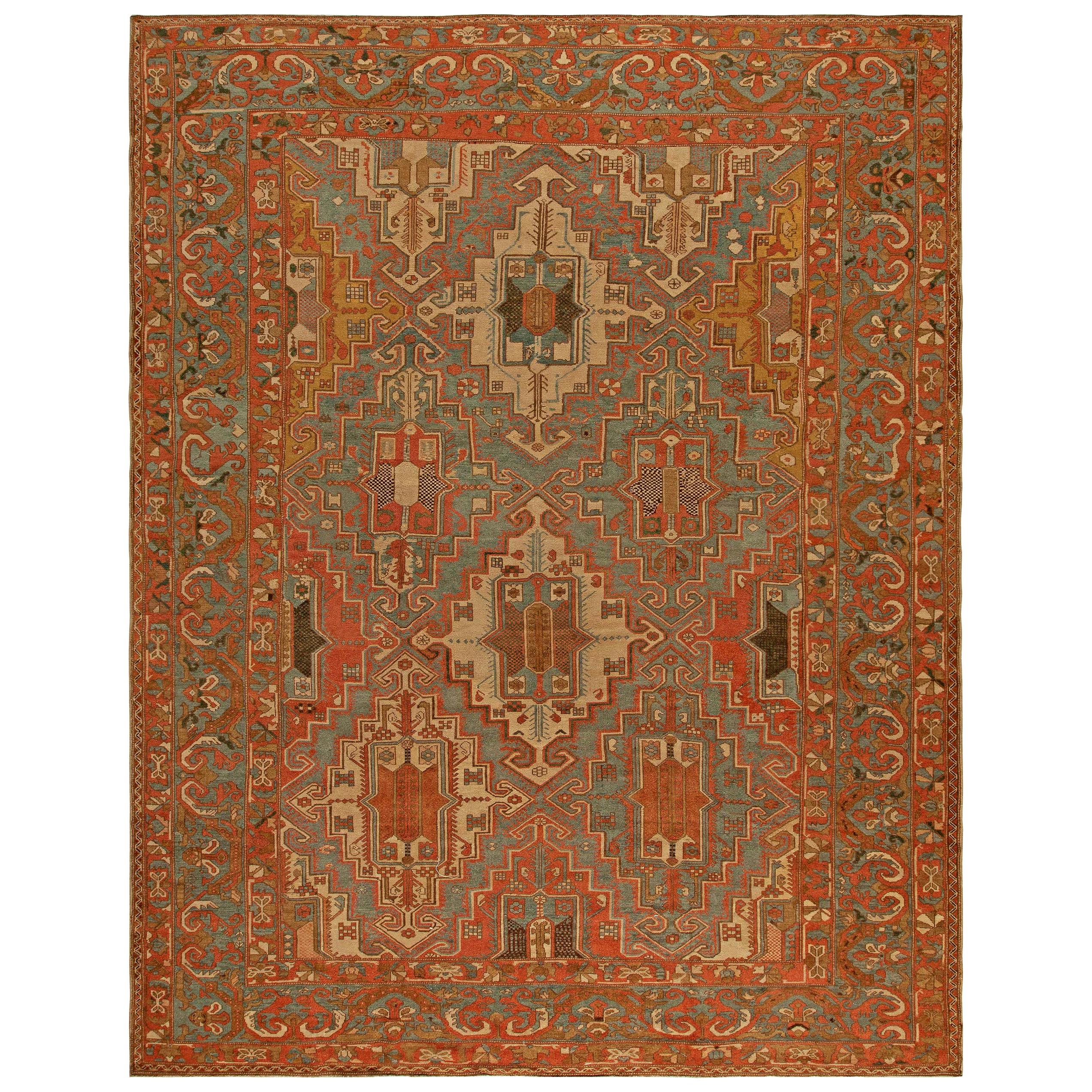 Antique Persian Baktiari Geometric in Shades of Terracotta, Blue and