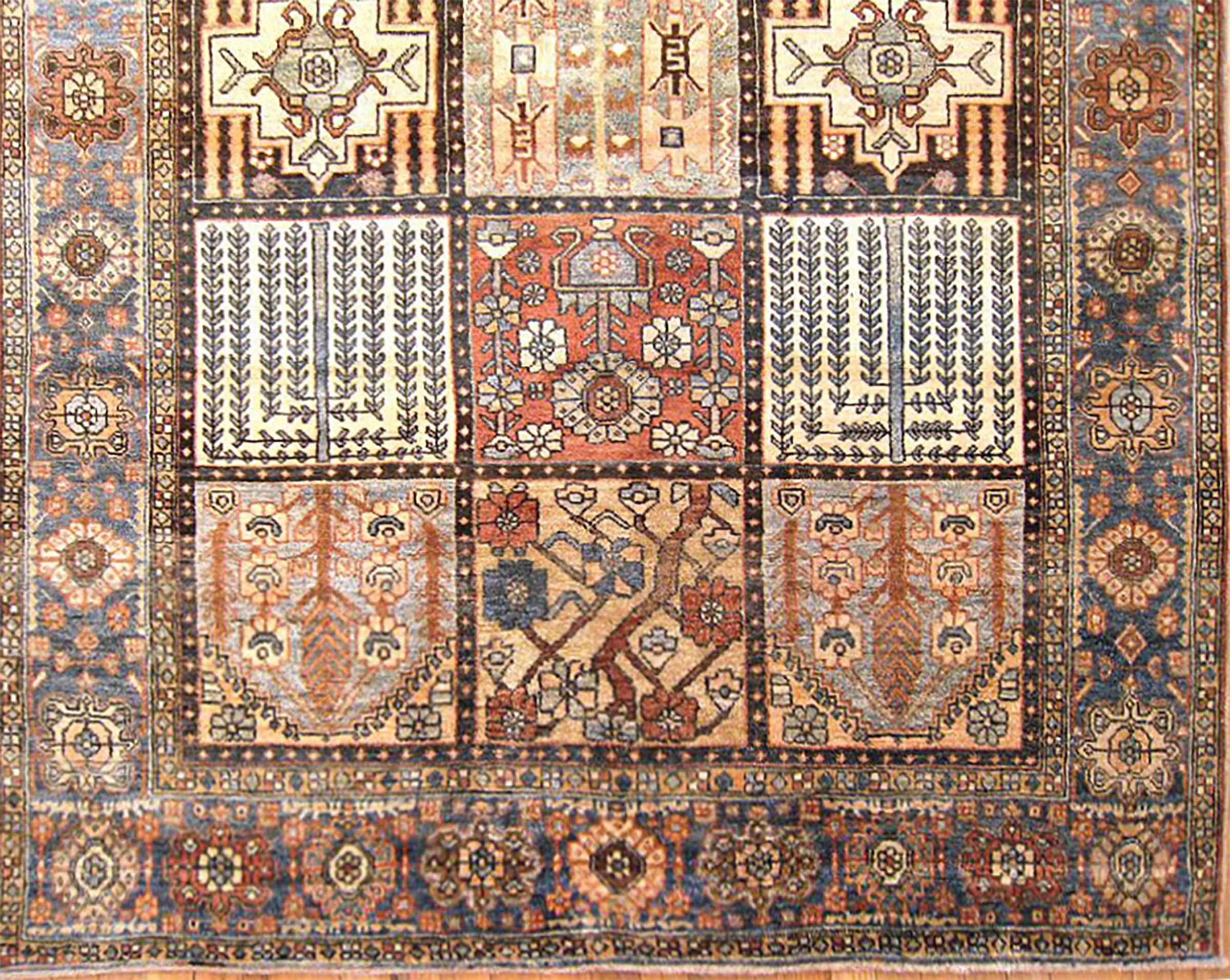 Hand-Knotted Antique Persian Baktiari Oriental Rug, in Small size, w/ Garden Design and Boxes