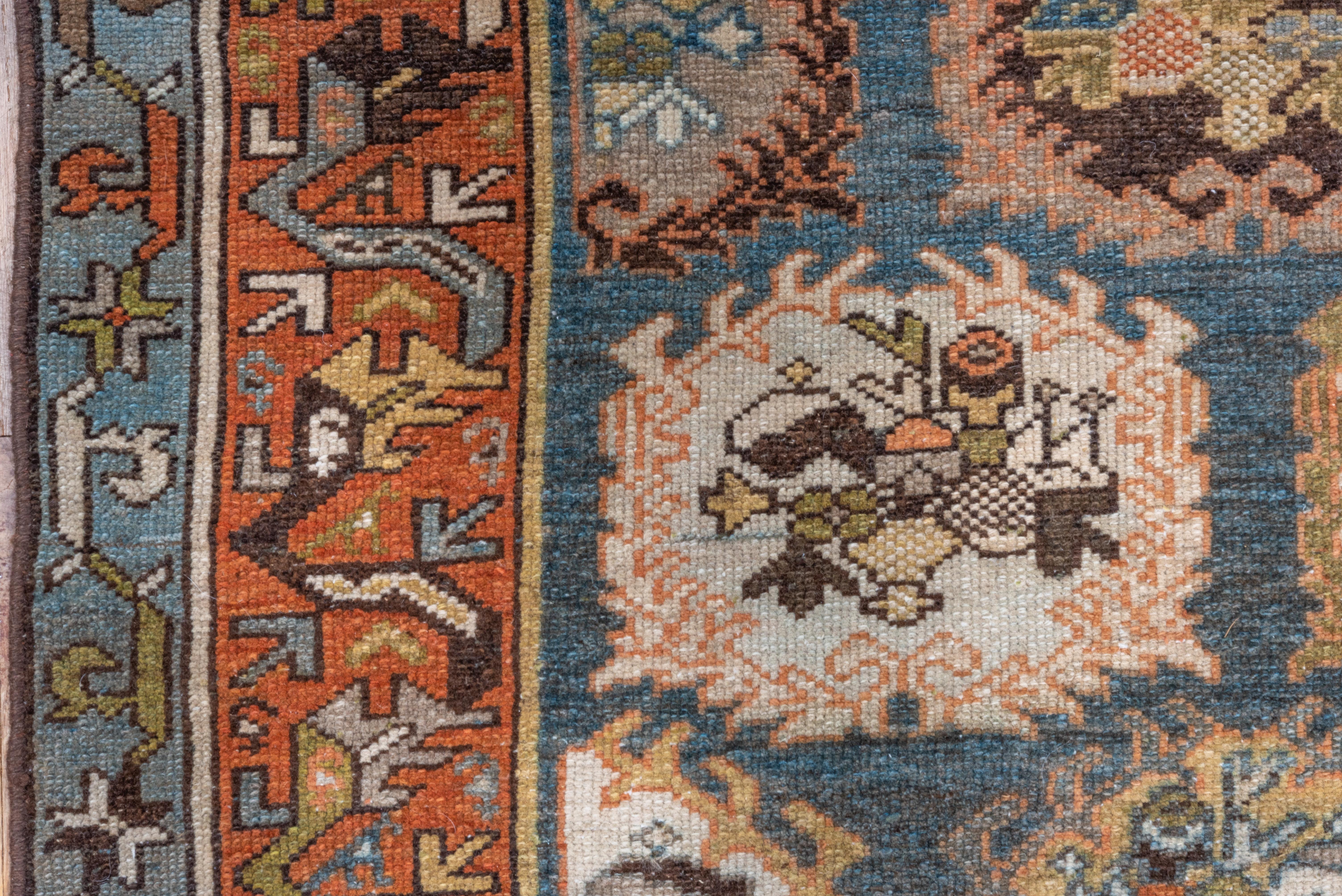 Antique Persian Baktiary Scatter Rug, Unique Motifs, Blue Field and Rust Border For Sale 3