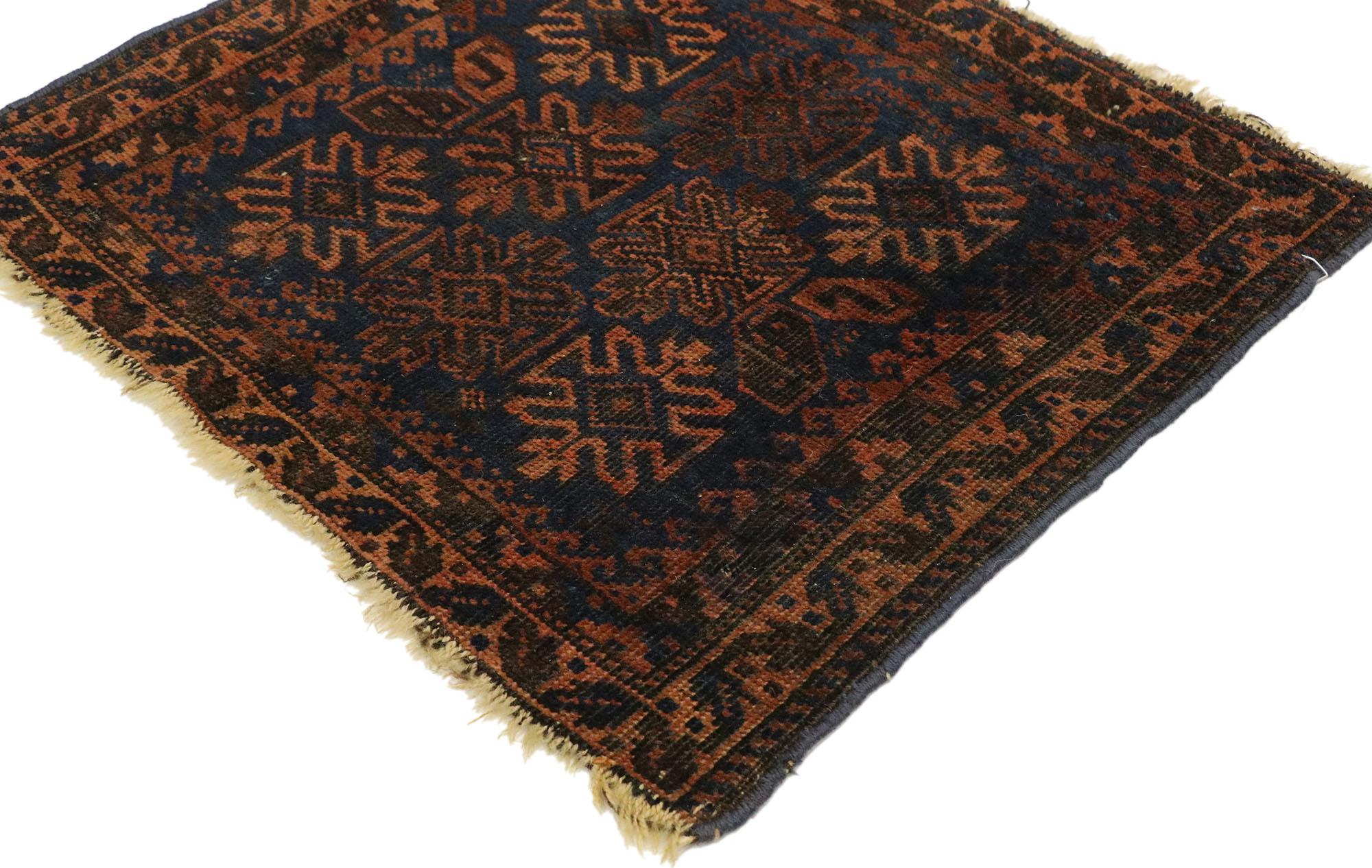 74303 Antique Persian Baluch Rug, 01'06 x 01'09. Persian Baluch rugs, originating from the Baluchistan region and crafted by the Baloch people, are distinguished handwoven textiles known for their tribal designs, earthy tones, and intricate motifs,
