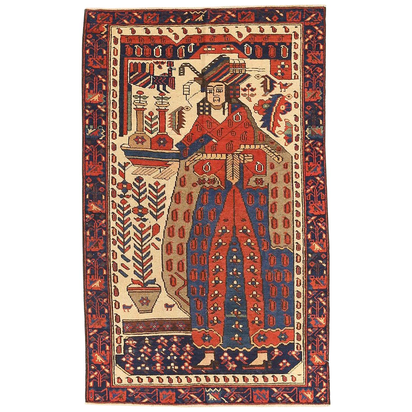 Antique Persian Baluch Rug with a Portrait Pattern in Navy and Red