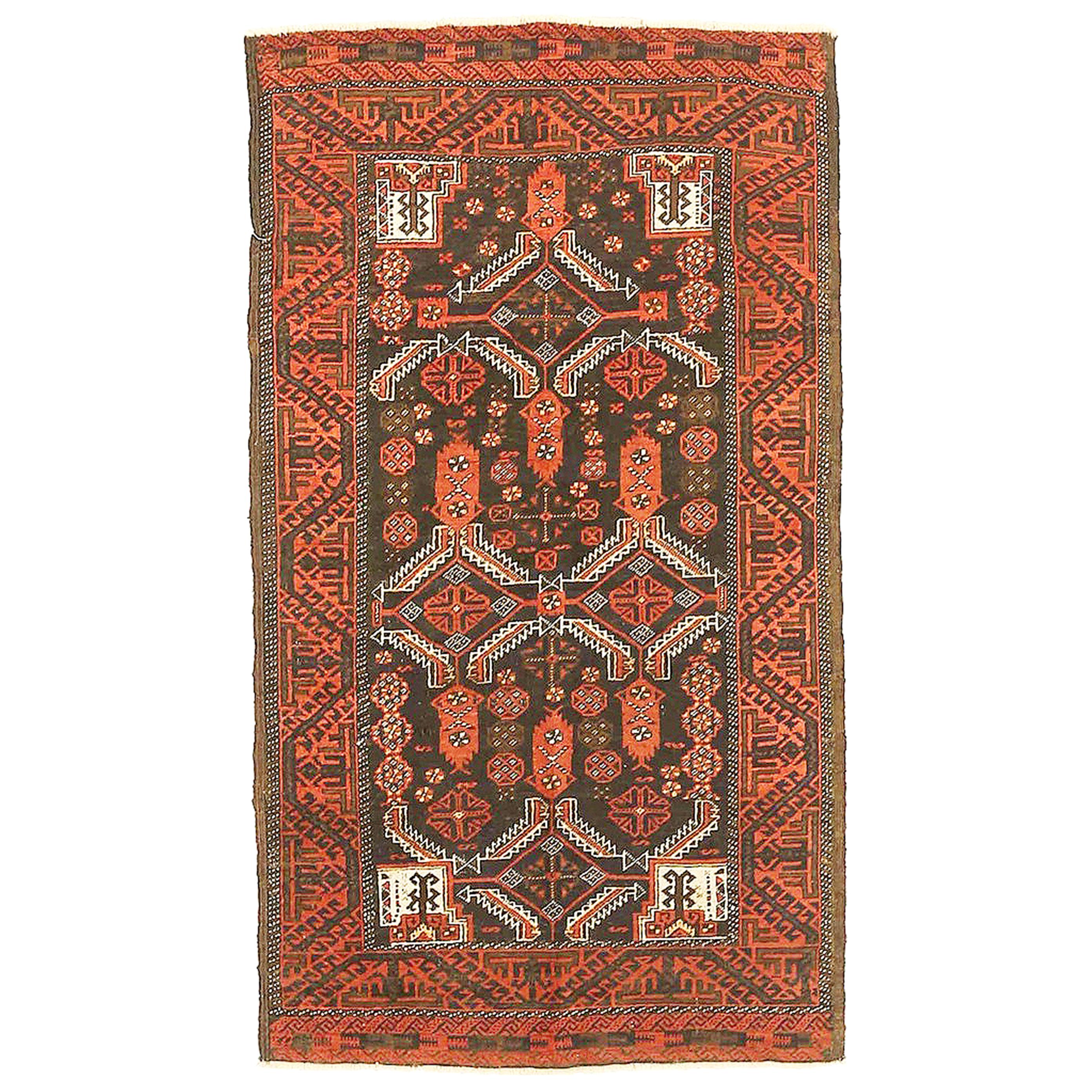 Antique Persian Baluch Rug with Red and White Geometric Patterns