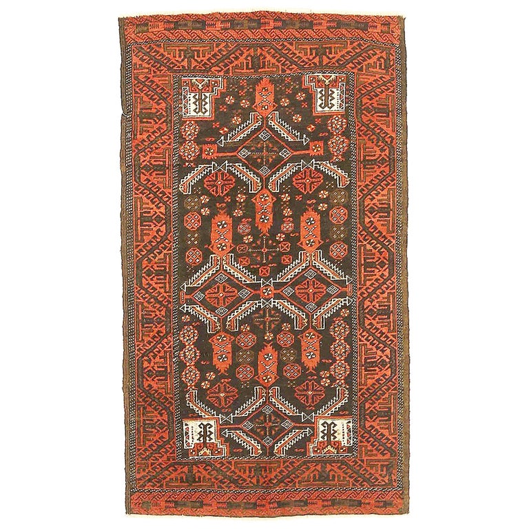 Antique Persian Baluch Rug with Red and White Geometric Patterns For Sale