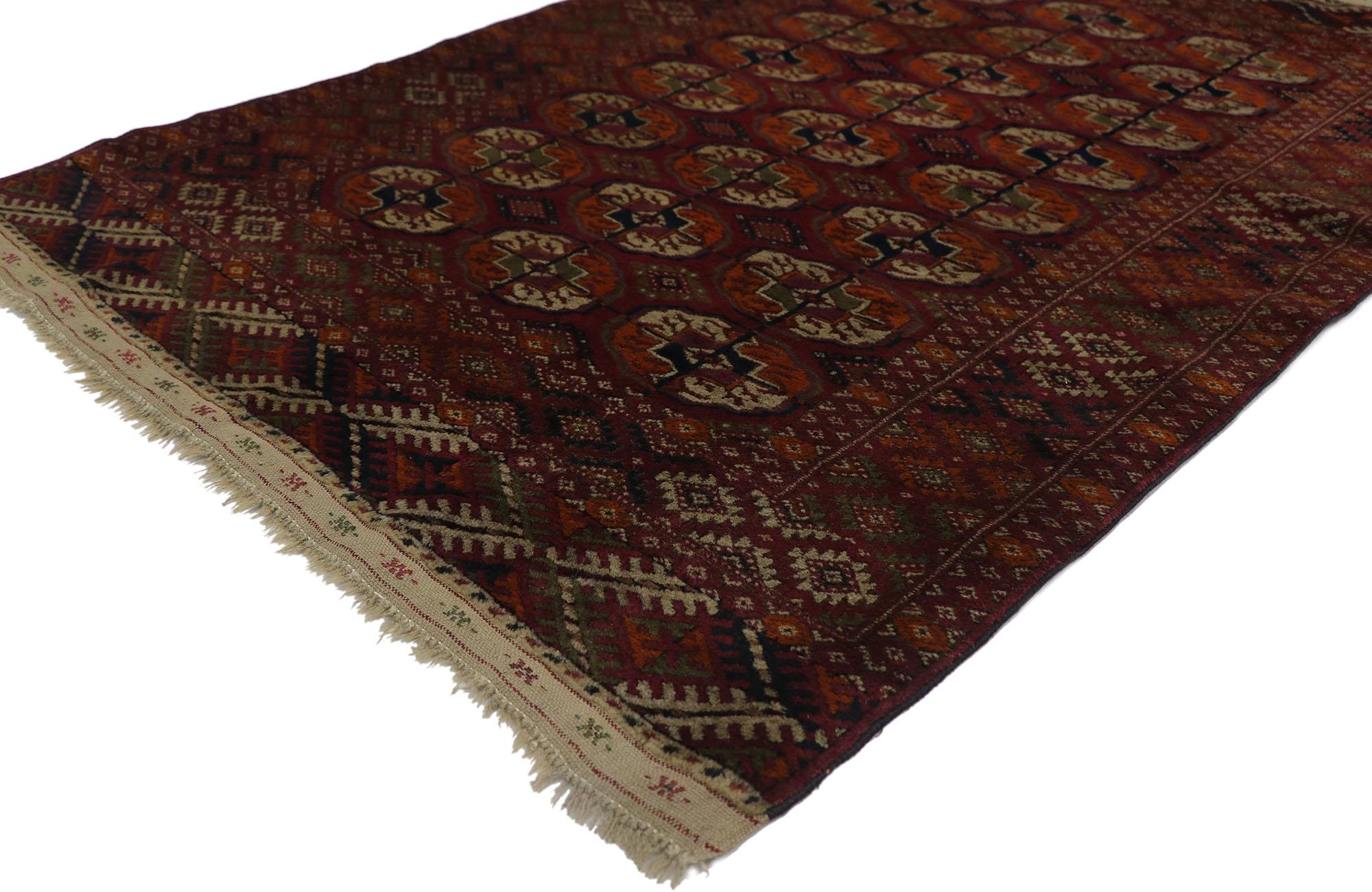 21680 Antique Persian Baluchi Bokhara Rug, 03'06 x 05'00. Warm and inviting with a bold expressive design and tribal style, this hand-knotted wool antique Persian Baluchi Bokhara rug is a captivating vision of woven beauty. The abrashed field