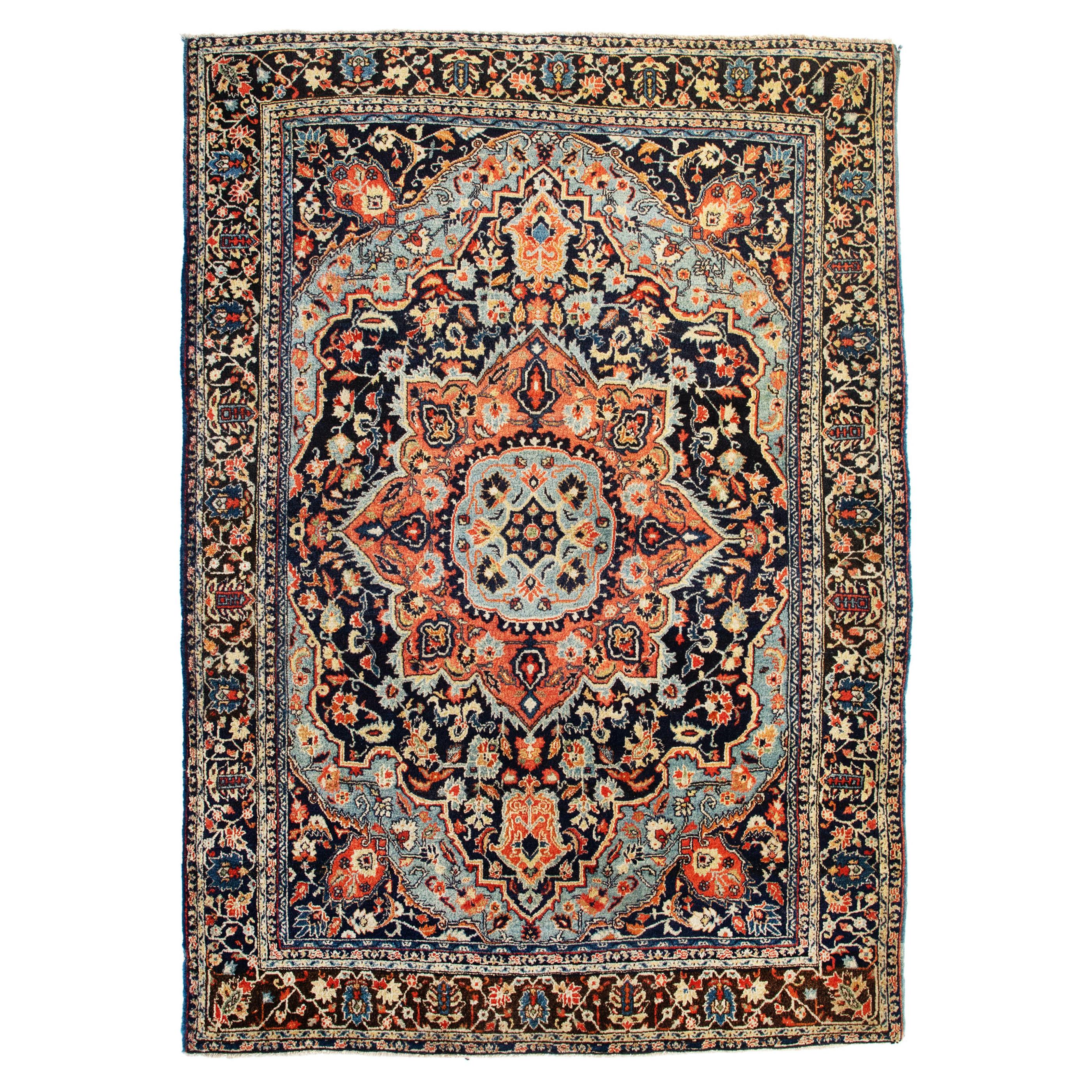 Antique Persian Beige Light Blue Navy Blue Farahan Sarouk Small Rug, c. 1930s For Sale