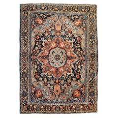 Petit tapis persan ancien Farahan Sarouk beige clair bleu marine bleu marine, vers les années 1930