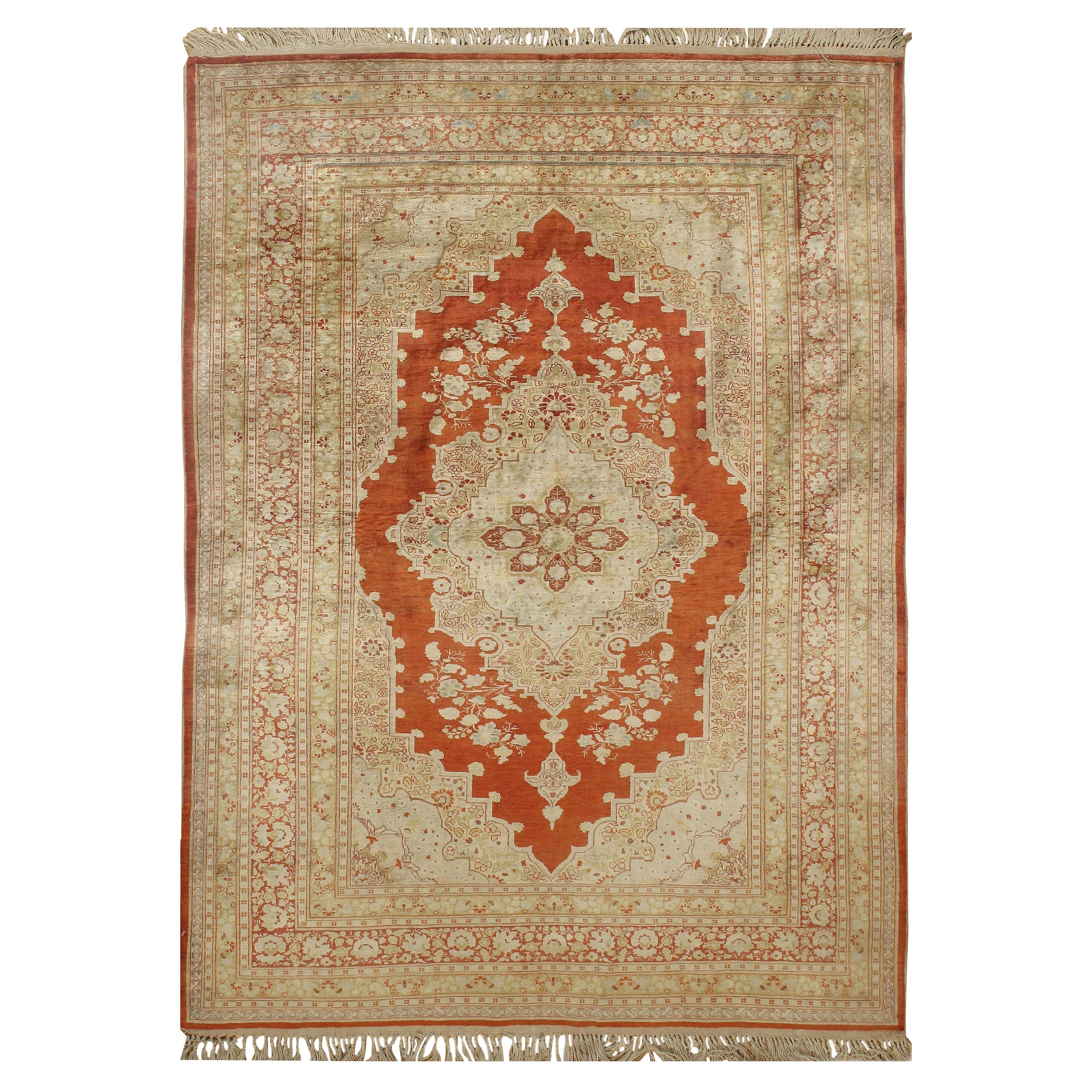 Tappeto Tabriz antico in seta beige persiano  4'2 x 5'7