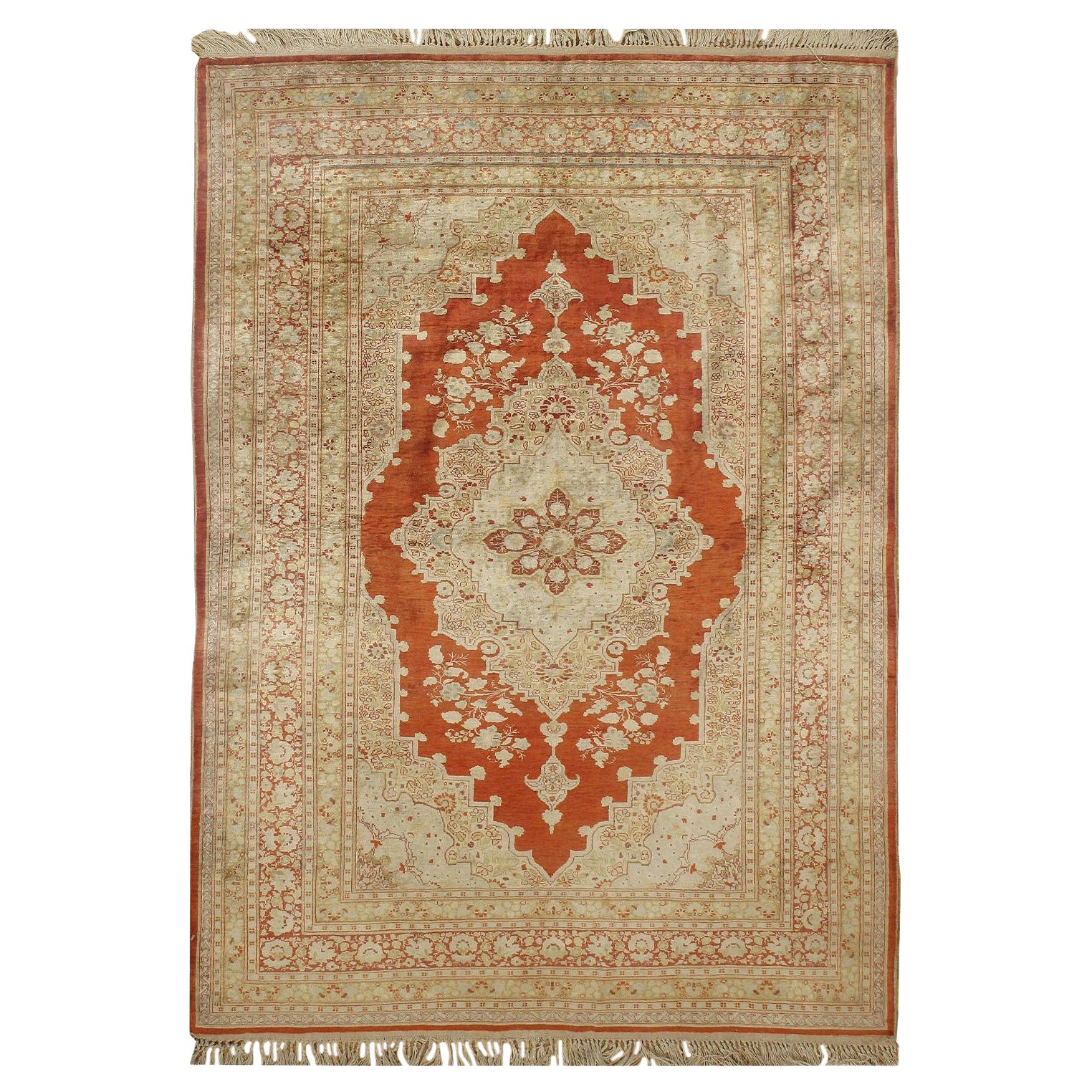 Antique Persian Beige Silk Tabriz Rug  4'2 x 5'7