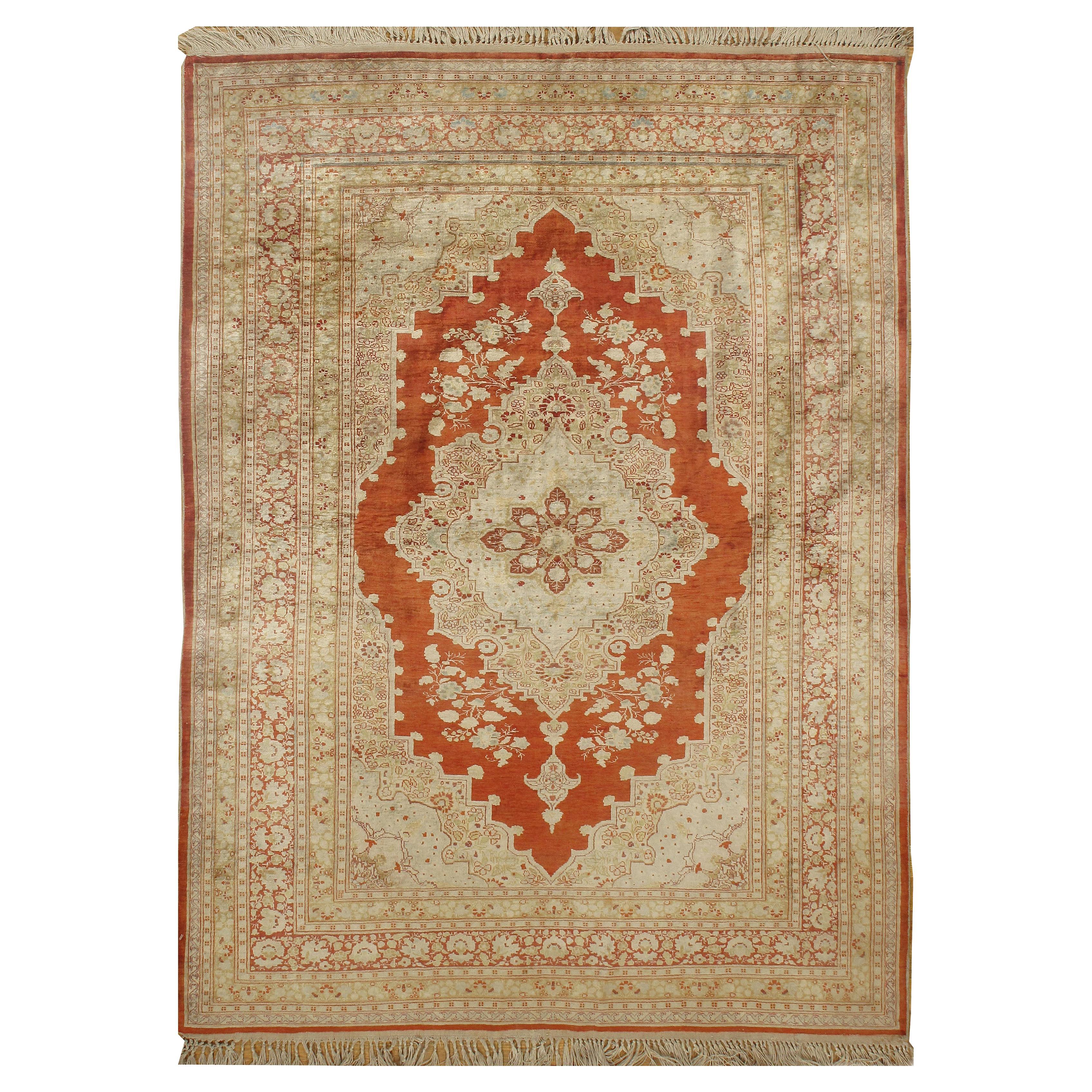 Tappeto Tabriz antico in seta beige persiano  4'2 x 5'7