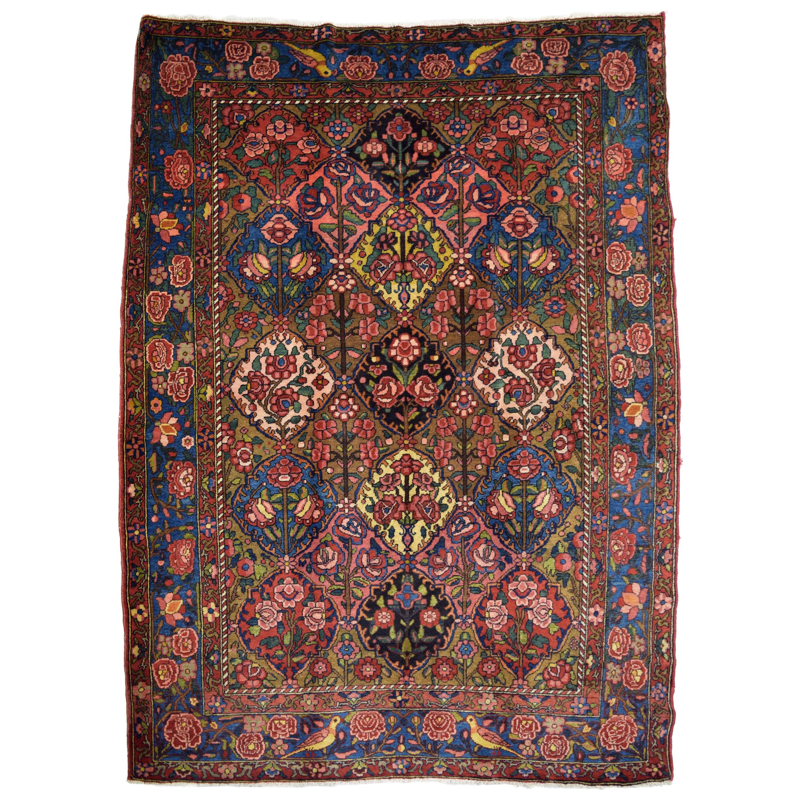 Antique 1920s Wool Persian Bibibaft Bakhtiari Rug in Gold, Red and Pink, 5' x 7'