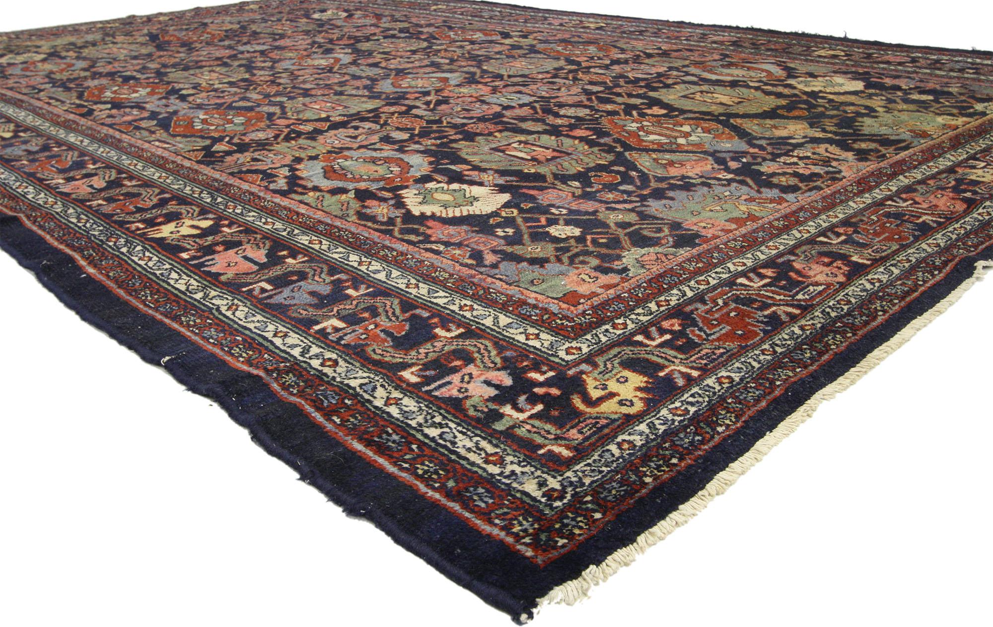 77160 Antique Persian Bibikabad Area Rug with Dragon Vine Border and Traditional Style 08’00 x 11’09 From Esmaili Rugs Collection. This antique Persian Bibikabad Rug with Traditional Style features an all-over geometric botanical pattern of large