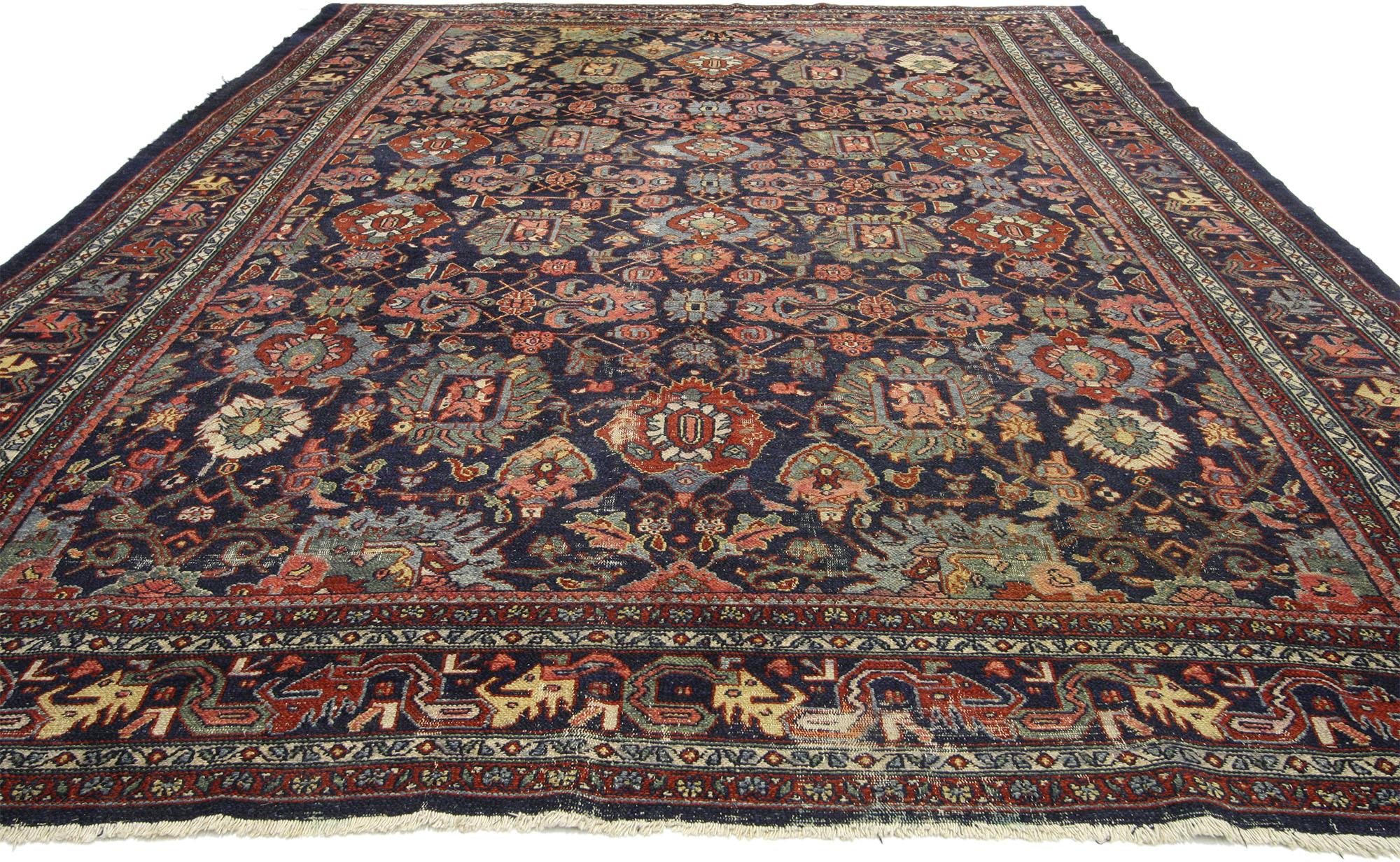 Malayer Antique Persian Bibikabad Area Rug with Dragon Vine Border and Traditional Style