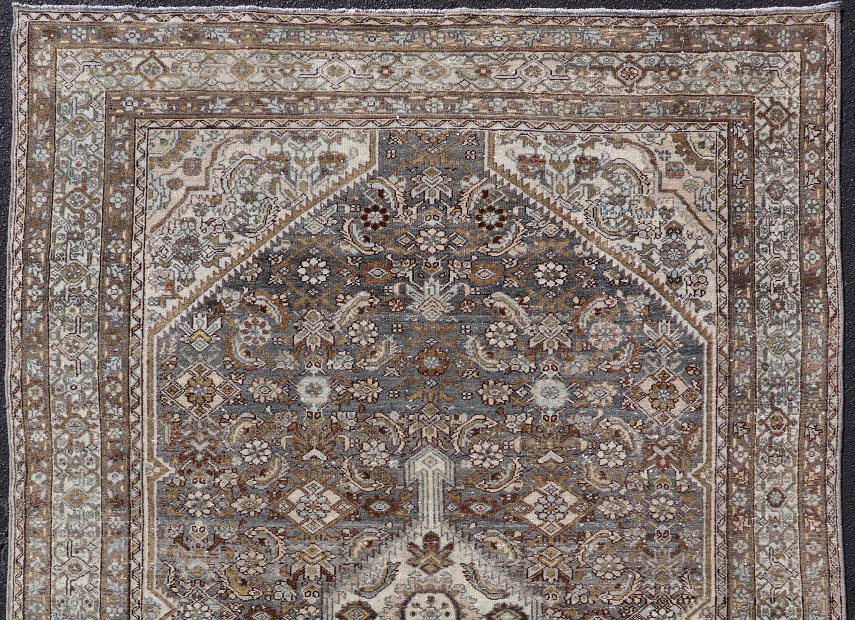 Wool Antique Persian Bibikabad Carpet with Steal Blue, Charcoal, Green, and Brown  For Sale