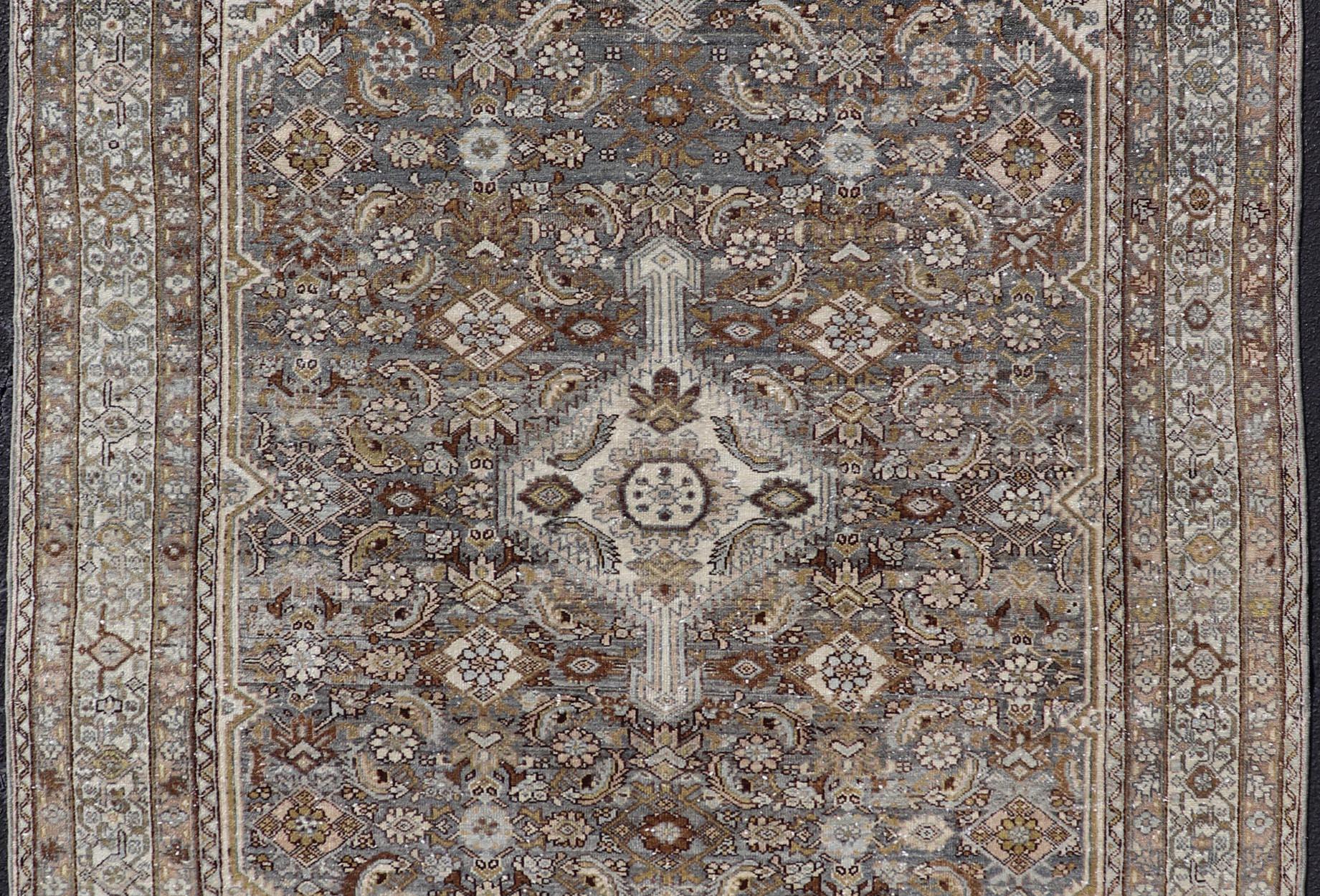 Antique Persian Bibikabad Carpet with Steal Blue, Charcoal, Green, and Brown  For Sale 1